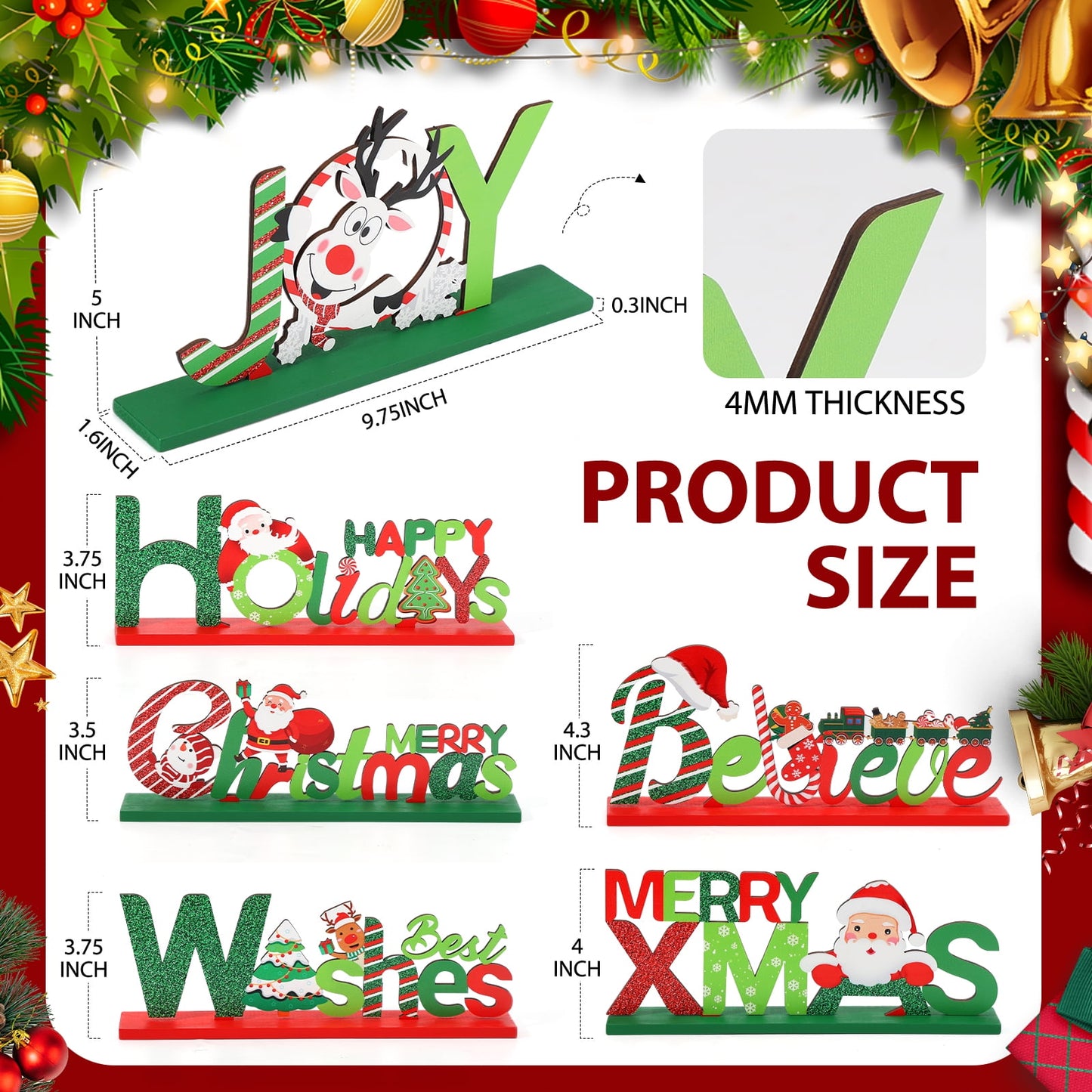Funbty 6 Christmas Table Decorations Signs, Merry Wooden Christmas Table Decor Holidays Centerpiece