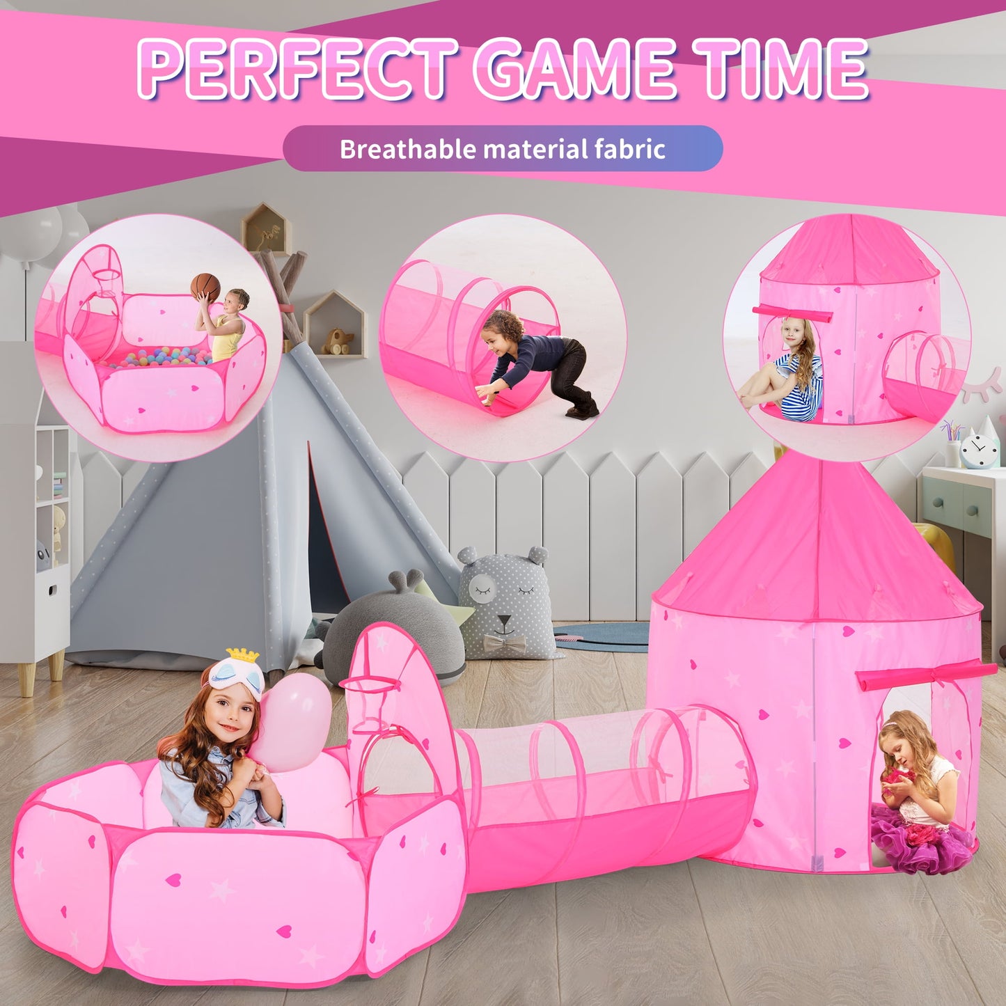 Funbty Kids Ball Pit with Play Tent and Play Tunnel, Kids Pop Up Tent for Indoor Outdoor, Toys for Boys Girls Babies Toddlers Playhouse