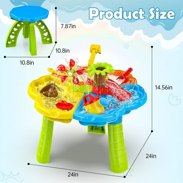 Funbty 3 in 1 Kids Sand Water Table, 37PCS Sensory Play Table, 24"x24"x14.56" Outdoor Summer Toy Gift for Toddlers Boys Girls