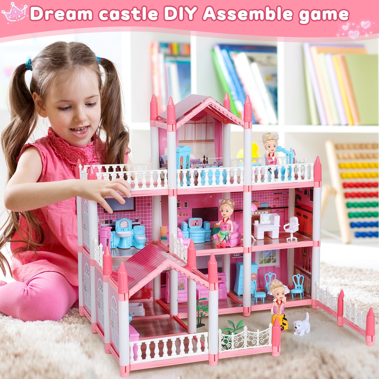 Funbty DollHouse with Colorful Light, Pretend Play Toddler Doll House Furniture Sets with 3 Dolls, 9 Rooms DIY , Creative Gift for Girls