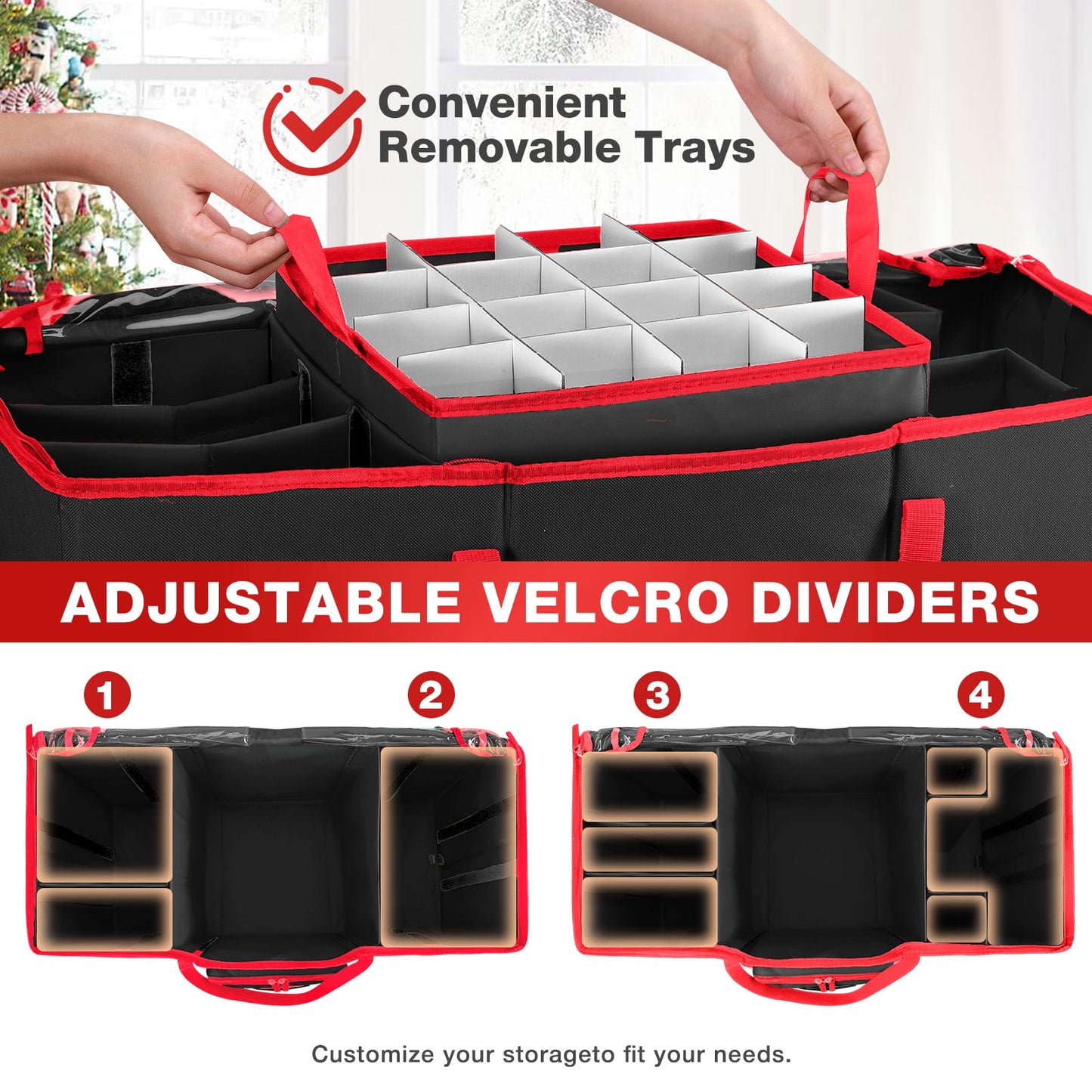 Funbty Premium Christmas Ornament Storage Container with Dividers, Fits Up to 73 Ornaments, 600D Tear Black