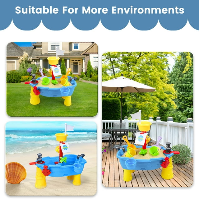 Funbty Kids Sand Water Pirate Ship Table, 21PCS Sensory Sandbox Play Table, 21.85"x16.33"x22.44", Outdoor Toy Gift for Toddlers