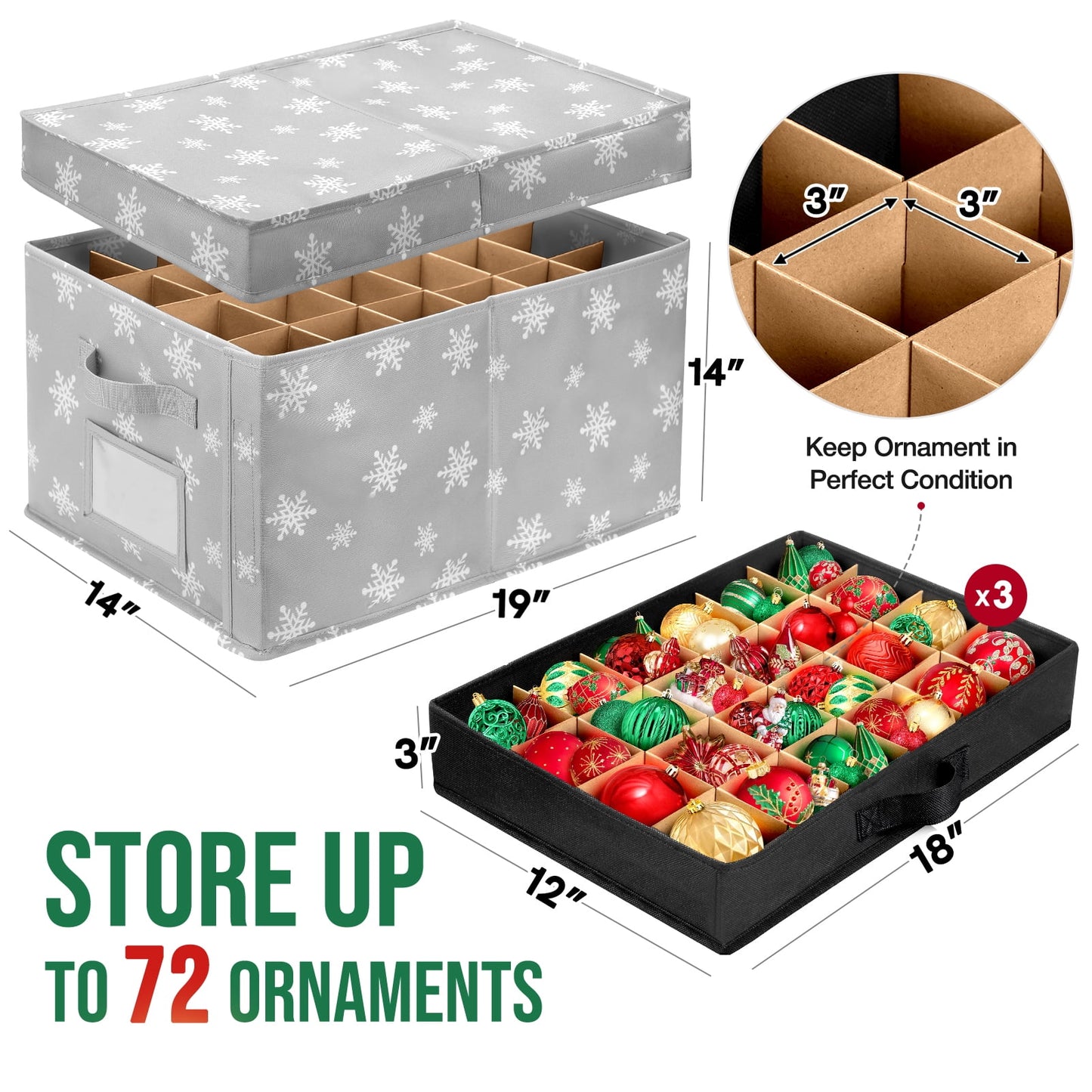 Funbty Premium Large Christmas Ornament Storage Box, Christmas Ornament Organizer, with Side Open, 3 Removable Trays - Keeps 72 Holiday Ornaments, Grey with Snowflake