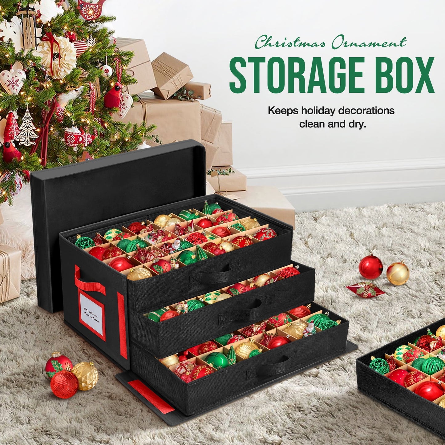 Funbty Premium Large Christmas Ornament Storage Box, Christmas Ornament Organizer, with Side Open, 3 Removable Trays - Keeps 72 Holiday Ornaments, Black