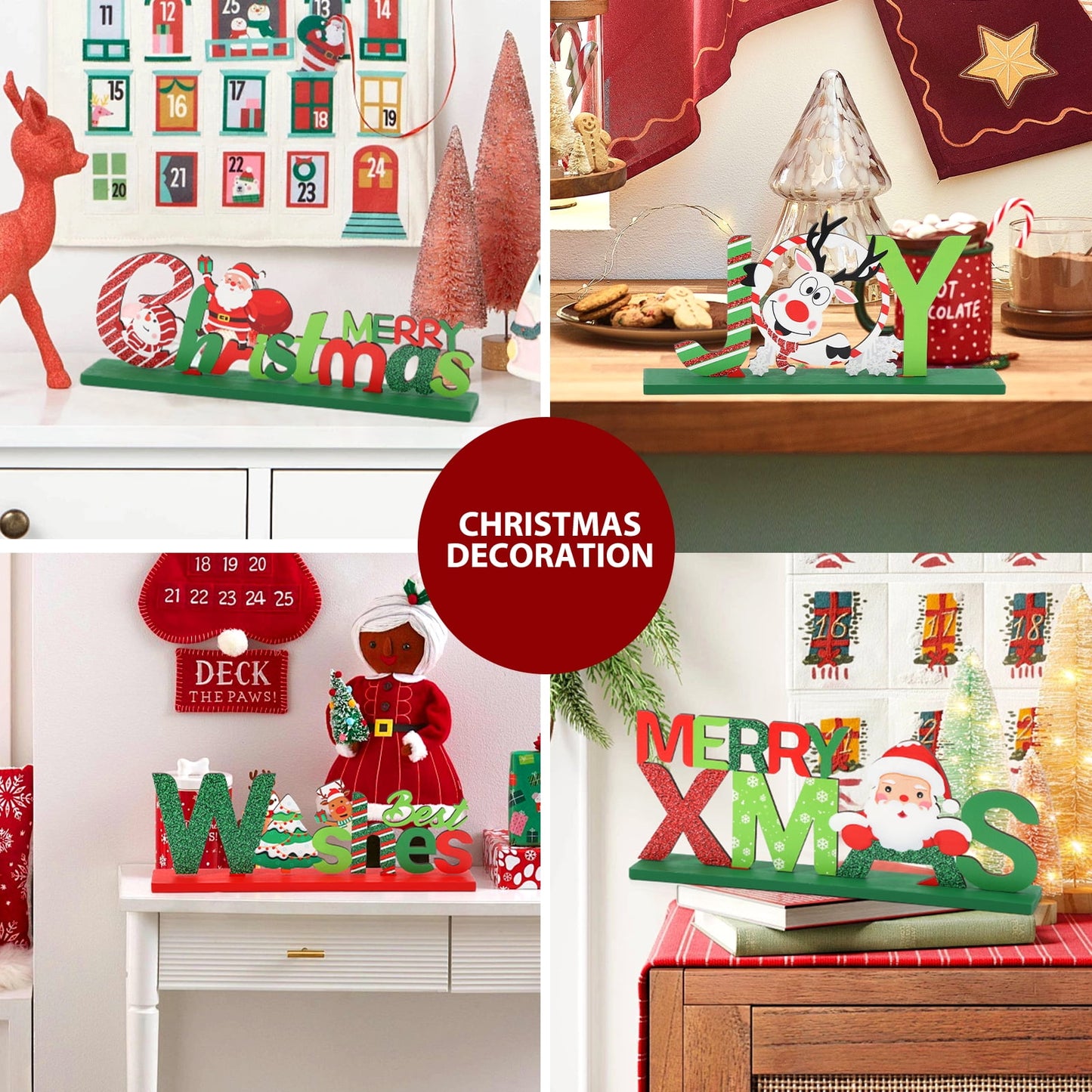 Funbty 6 Christmas Table Decorations Signs, Merry Wooden Christmas Table Decor Holidays Centerpiece