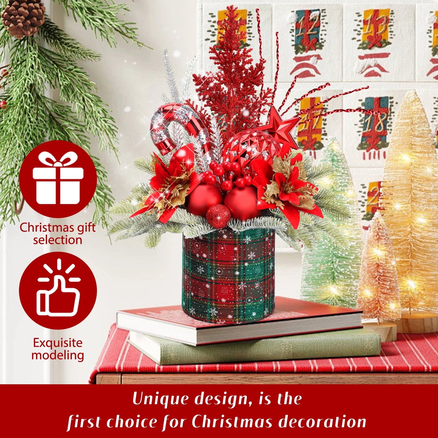Funbty Mini Christmas Tree with Pine Cone Berry, Bottle Brush Christmas Trees for Christmas Decorations Indoor, Christmas Tabletop Decor Centerpiece | Round