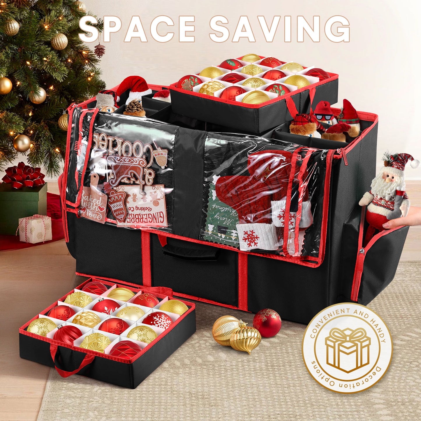 Funbty Premium Christmas Ornament Storage Container with Dividers, Fits Up to 73 Ornaments, 600D Tear Black
