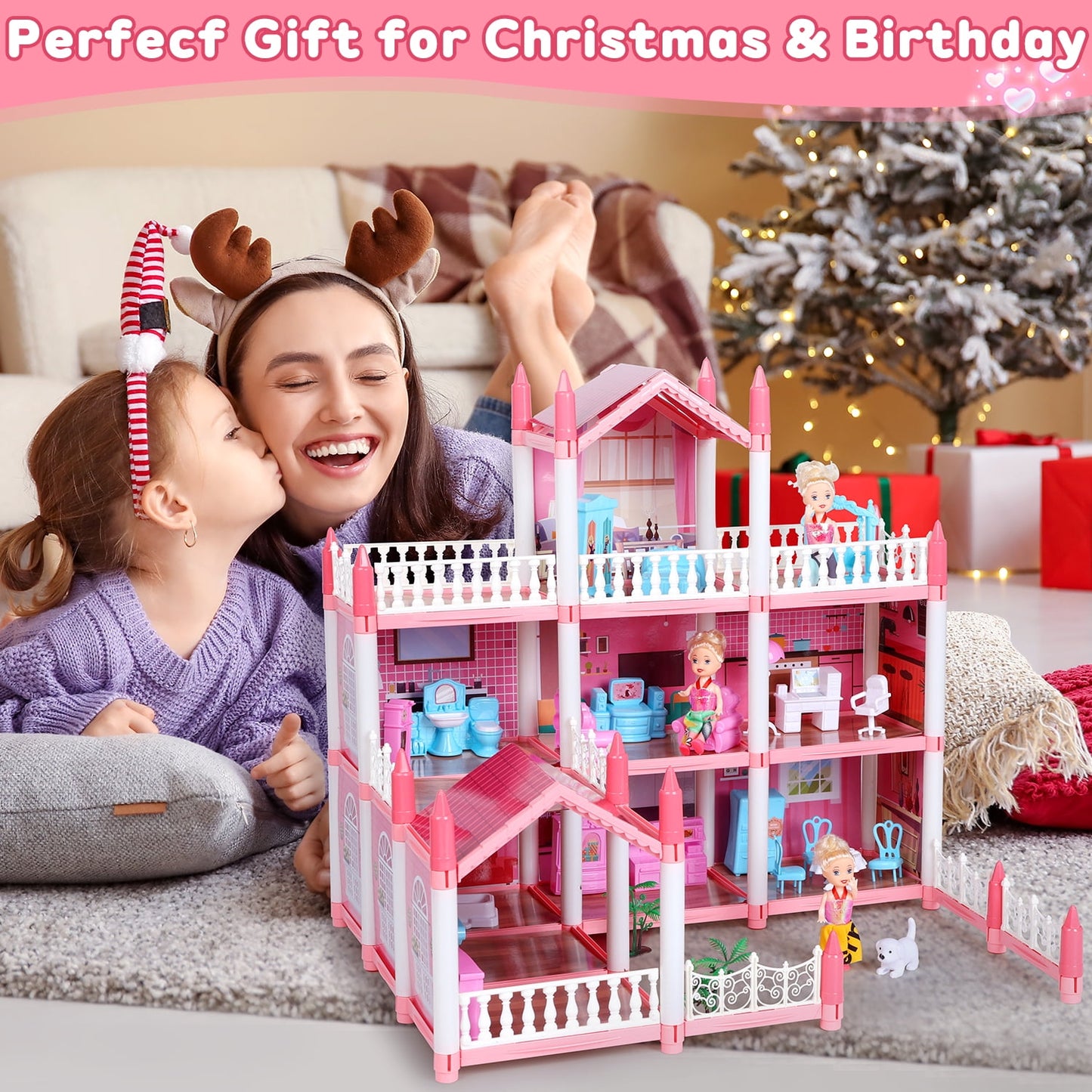 Funbty DollHouse with Colorful Light, Pretend Play Toddler Doll House Furniture Sets with 3 Dolls, 9 Rooms DIY , Creative Gift for Girls