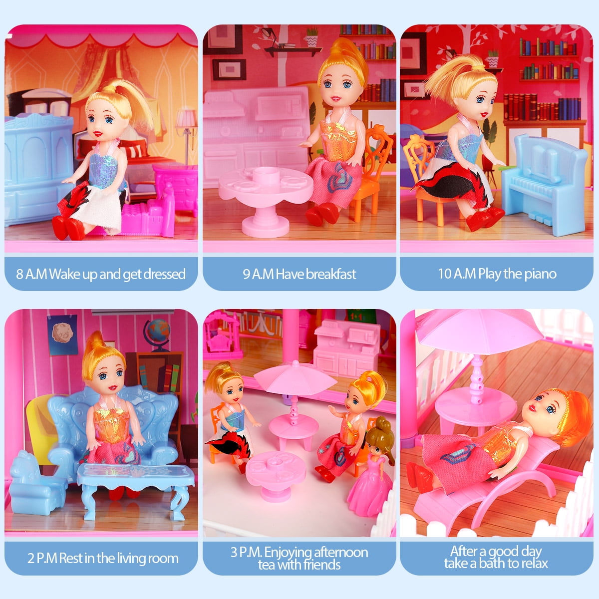 Funbty  DollHouse with Colorful Light, Pretend Play Toddler Doll House Furniture Sets with 3 Dolls, 20 Rooms DIY house, Creative Gift for Girls, Pink