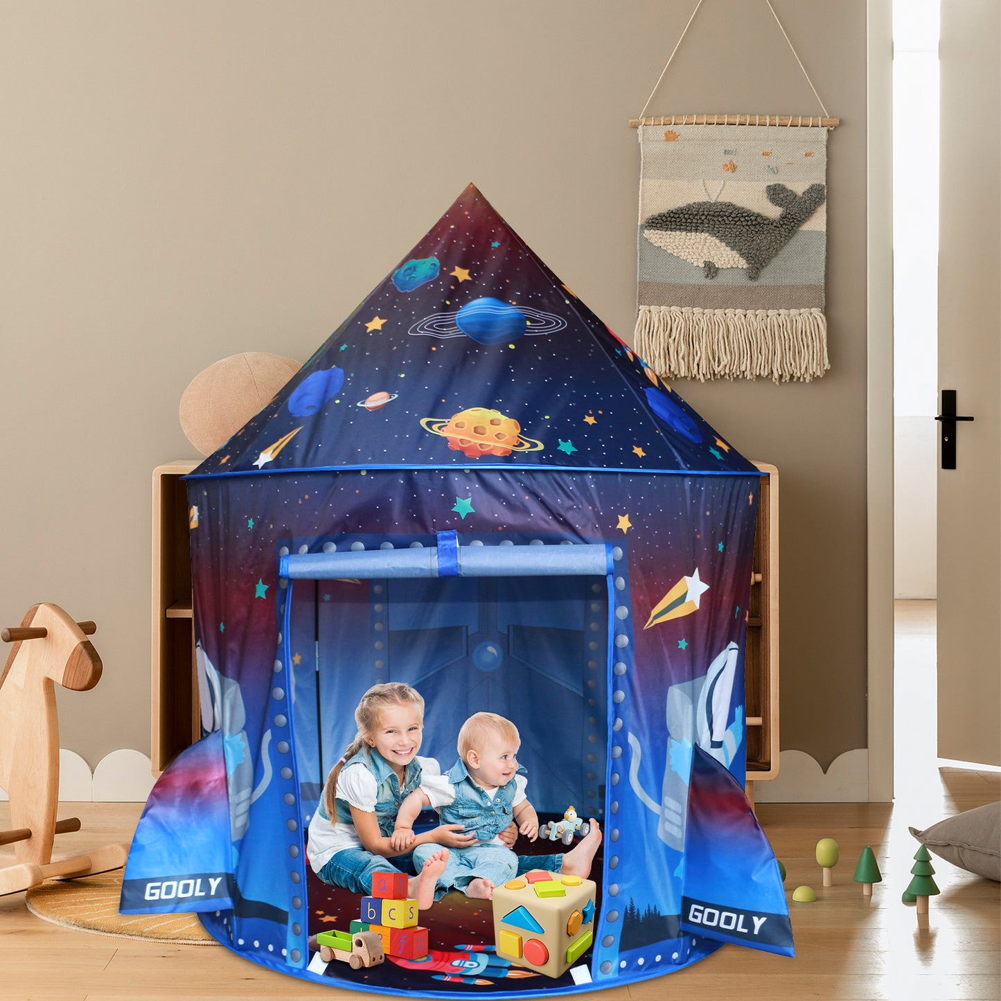 Funbty Rocket Ship Kids Play Tent, Unique Space and Planet Playhouse Foldable Pop Up Tent Toy for Boys Girls Indoor & Outdoor Children Birthday Gifts