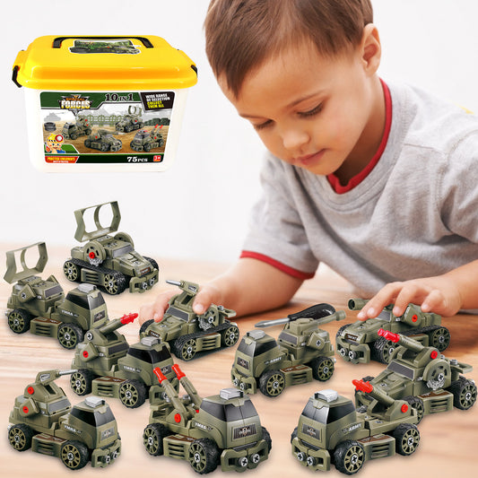 Funbty  10-in-1 Take Apart Military Vehicles Toy with Storage Box – STEM Learning Toy & DIY Building Play Set for 4 - 5 -6 - 7 - 8 Years Kids