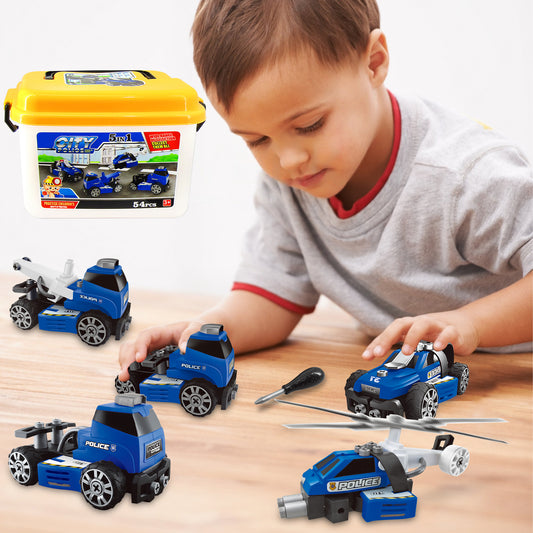 Funbty  5-in-1 Take Apart Police Car Truck Toy with Storage Box – Builds Emergency Rescue Vehicle, Police Helicopter, Car & Truck - STEM Learning Toy & DIY Building Play Set for Kids