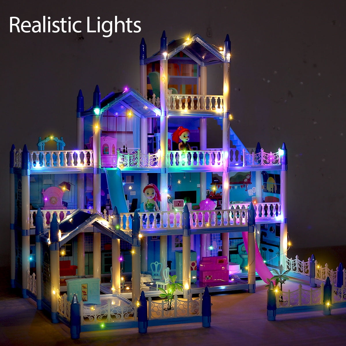 Funbty Dollhouse with Colorful Light, Pretend Play 14 Rooms DIY Playhouse, Kids Doll House with 2 Dolls, Creative Gift for Girls, Blue
