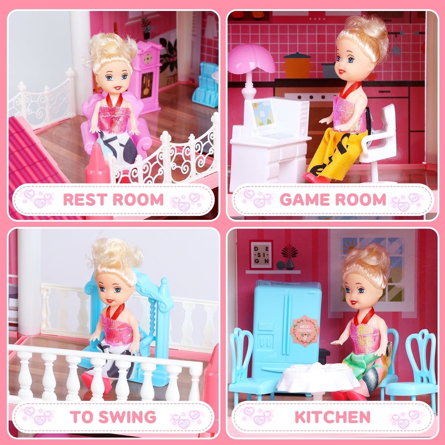 Funbty DollHouse with Colorful Light, Pretend Play Toddler Doll House Furniture Sets with 3 Dolls, 9 Rooms DIY , Creative Gift for Girls