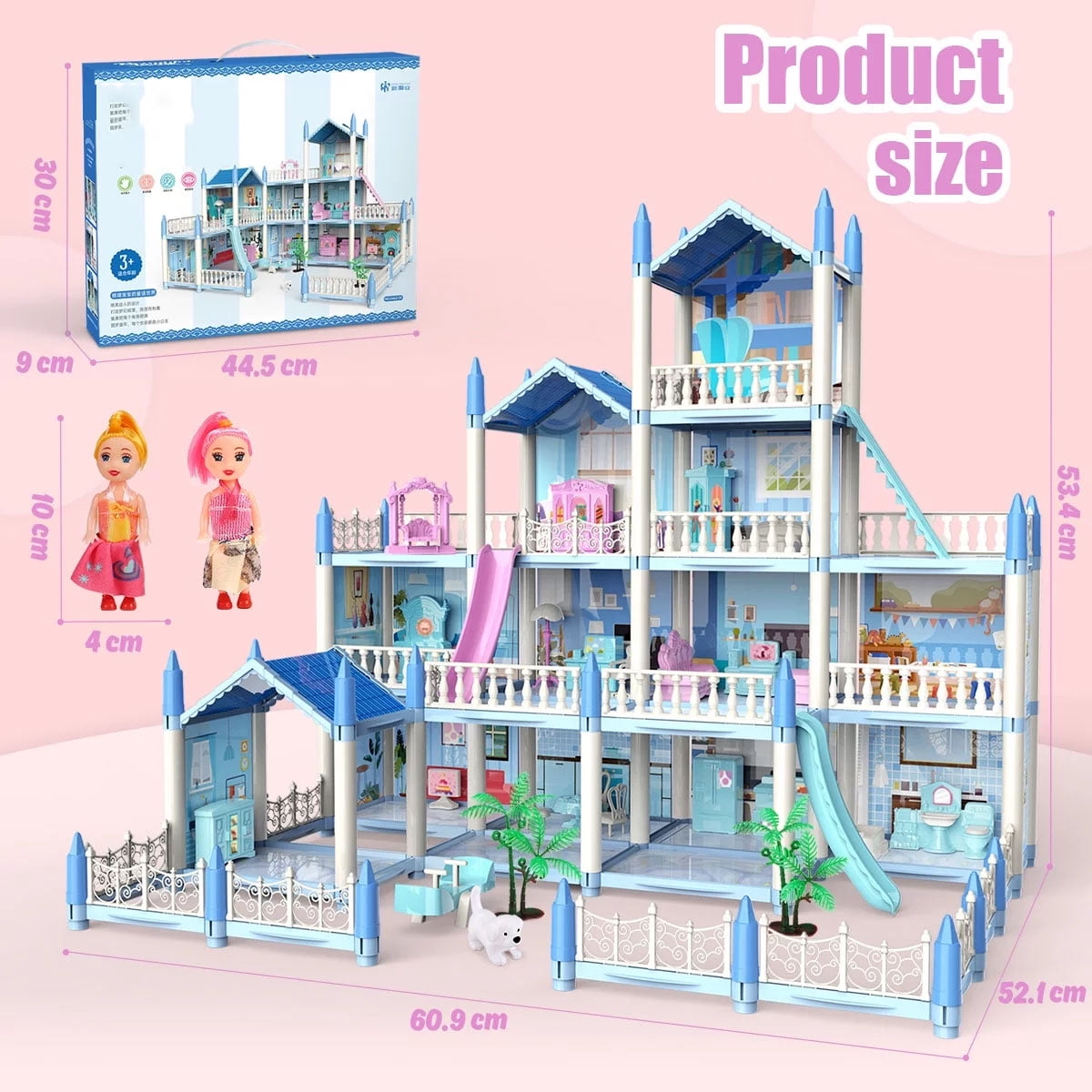 Funbty Dollhouse with Colorful Light, Pretend Play 14 Rooms DIY Playhouse, Kids Doll House with 2 Dolls, Creative Gift for Girls, Blue