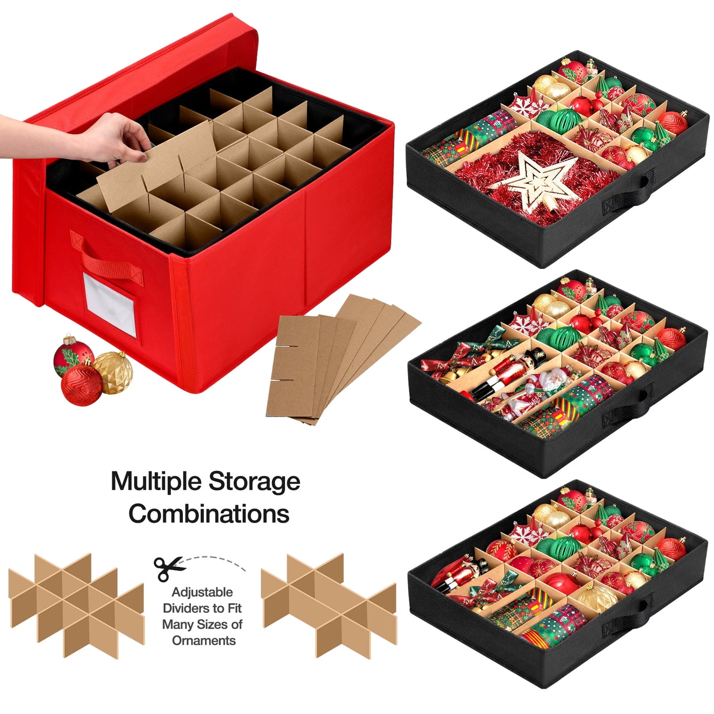 Funbty Premium Large Christmas Ornament Storage Box, Christmas Ornament Organizer, with Side Open, 3 Removable Trays - Keeps 72 Holiday Ornaments, Red