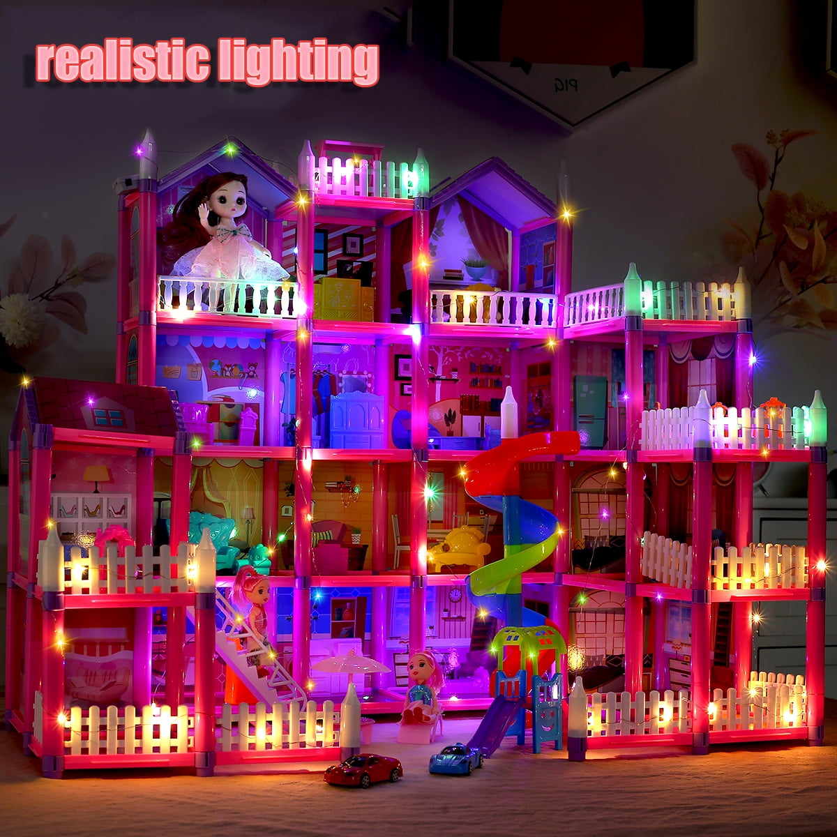 Funbty  DollHouse with Colorful Light, Pretend Play Toddler Doll House Furniture Sets with 3 Dolls, 20 Rooms DIY house, Creative Gift for Girls, Pink