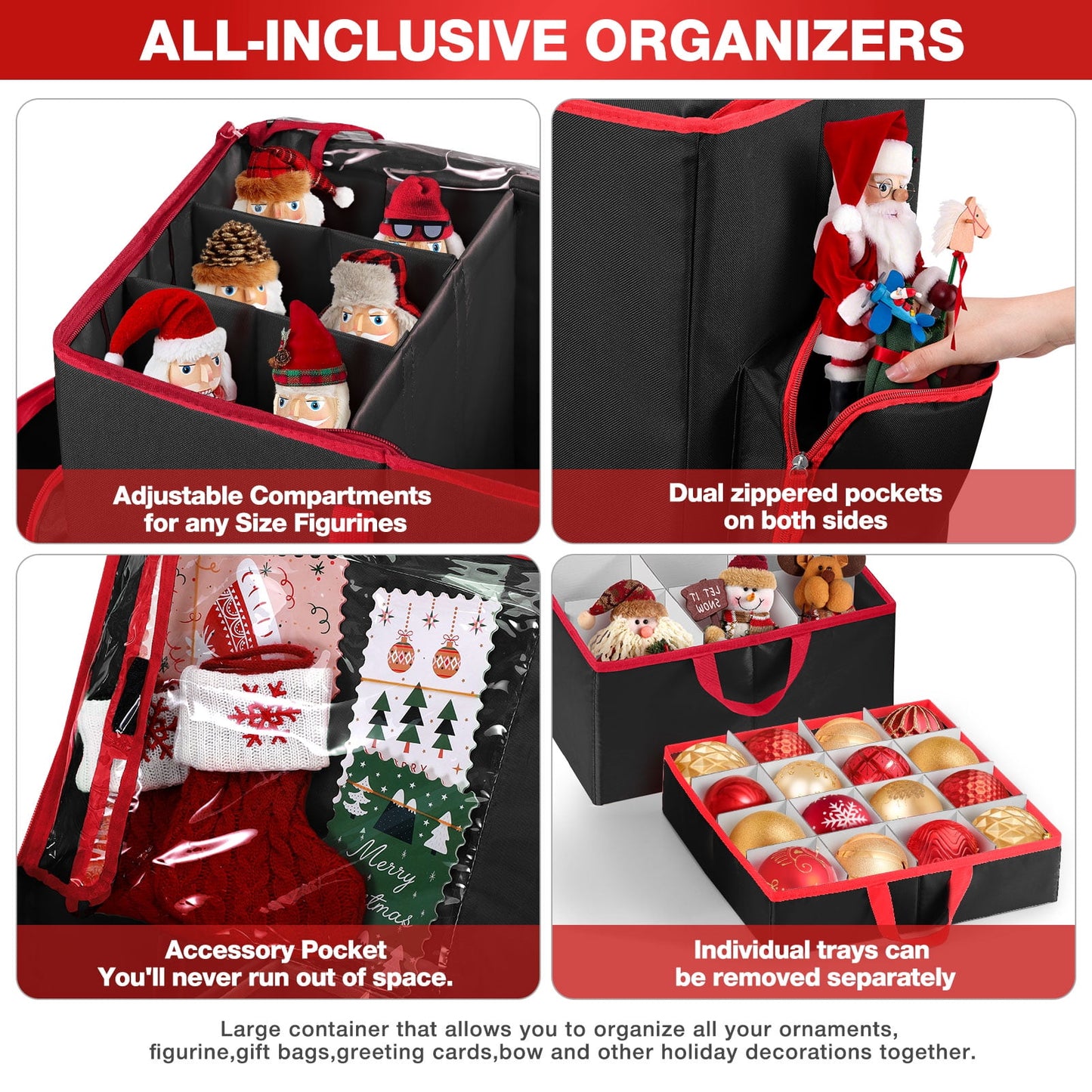 Funbty Premium Christmas Ornament Storage Container with Dividers, Fits Up to 73 Ornaments, 600D Tear Black