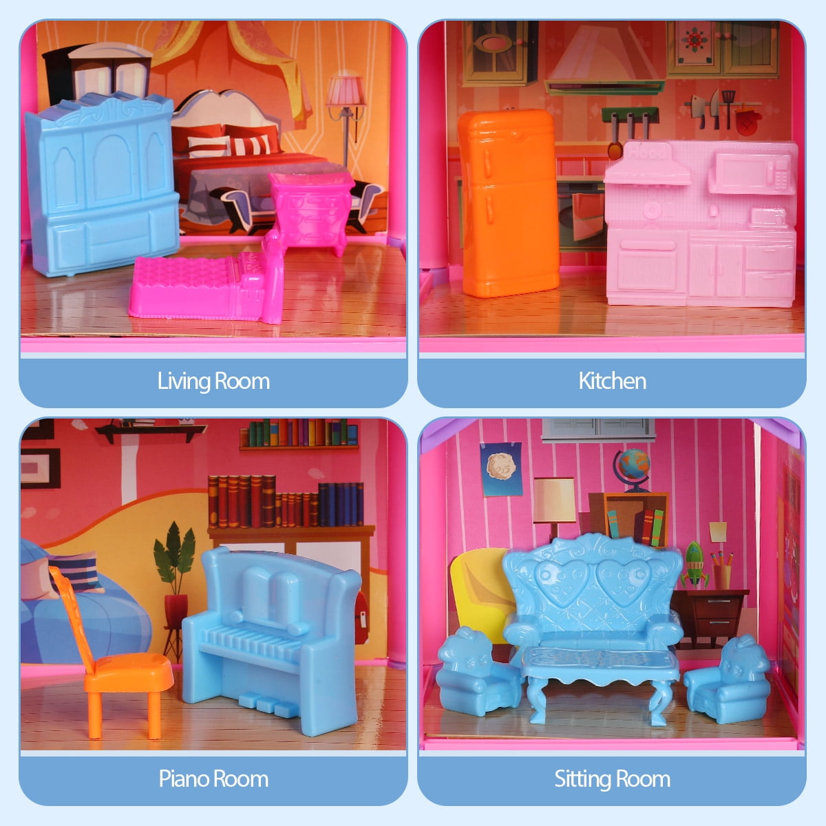 Funbty  DollHouse with Colorful Light, Pretend Play Toddler Doll House Furniture Sets with 3 Dolls, 20 Rooms DIY house, Creative Gift for Girls, Pink