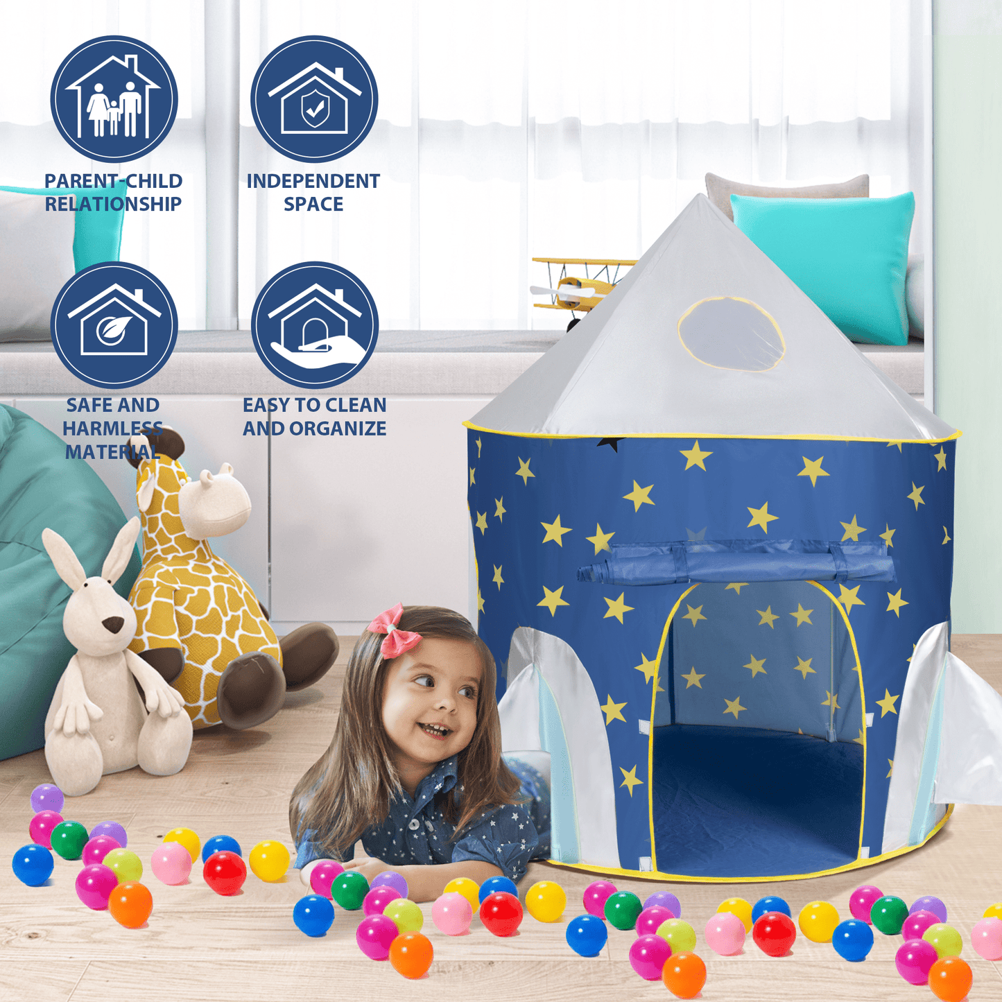 Funbty Kids Play Tent, 3 in 1 Play Tents Tunnel Set with Ball Pit and Storage Bag, Indoor Outdoor Toy Tent for Toddlers Kids Toy Gifts, Blue (No Ball)