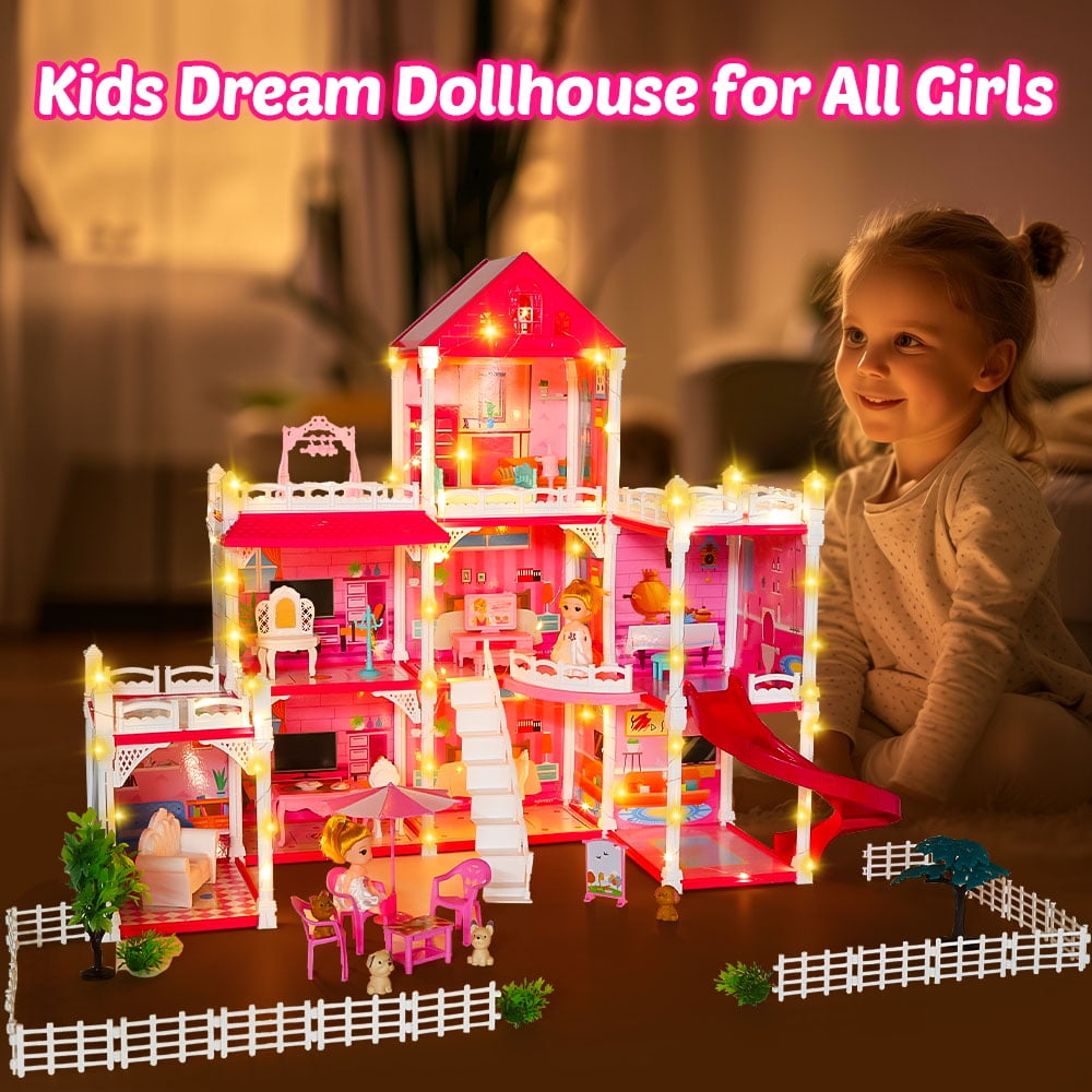 Funbty  DollHouse with Colorful Light and 8 Rooms for Girl, Huge Doll House DIY Pretend Toy, Princess House for Kids Gifts Ages 4-8