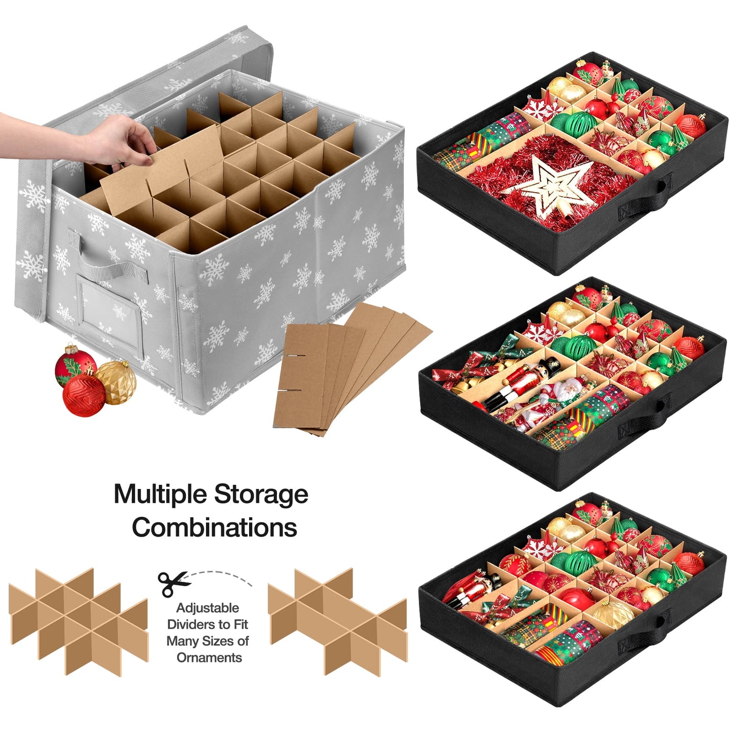 Funbty Premium Large Christmas Ornament Storage Box, Christmas Ornament Organizer, with Side Open, 3 Removable Trays - Keeps 72 Holiday Ornaments, Grey with Snowflake