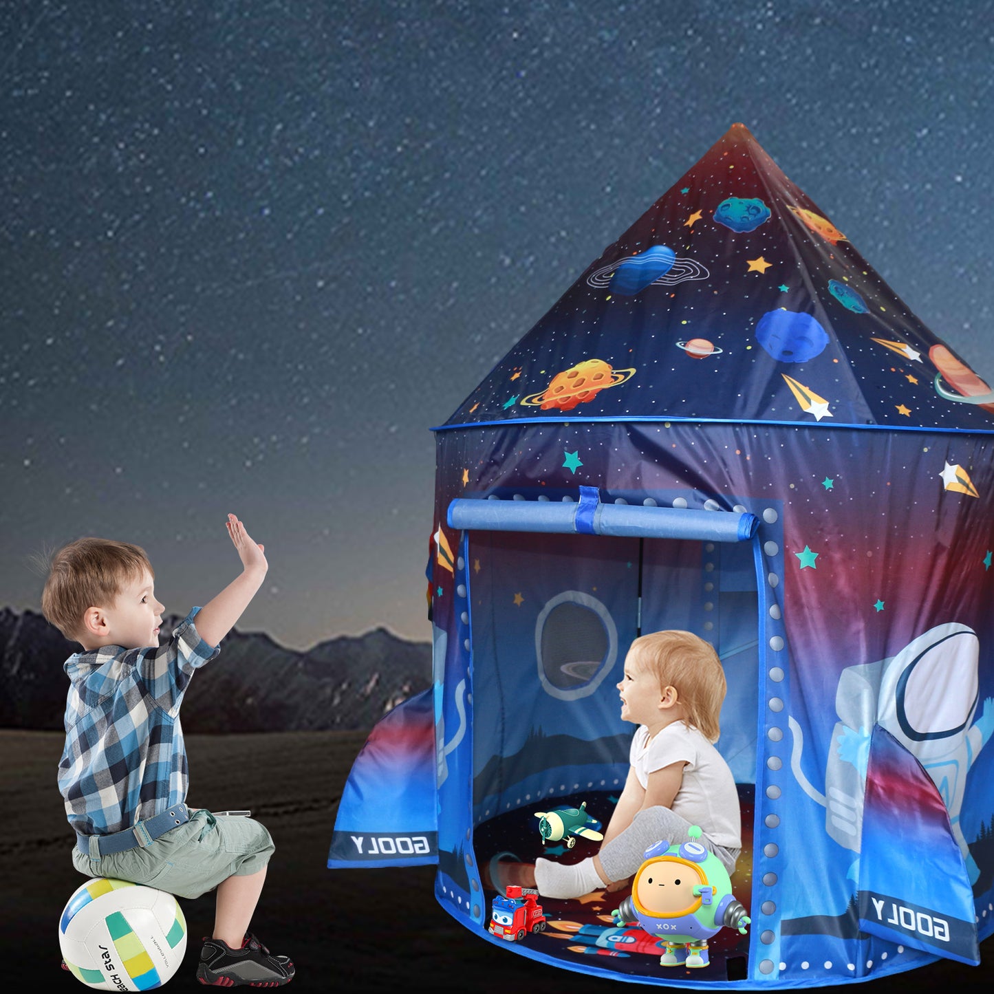 Funbty Rocket Ship Kids Play Tent, Unique Space and Planet Playhouse Foldable Pop Up Tent Toy for Boys Girls Indoor & Outdoor Children Birthday Gifts