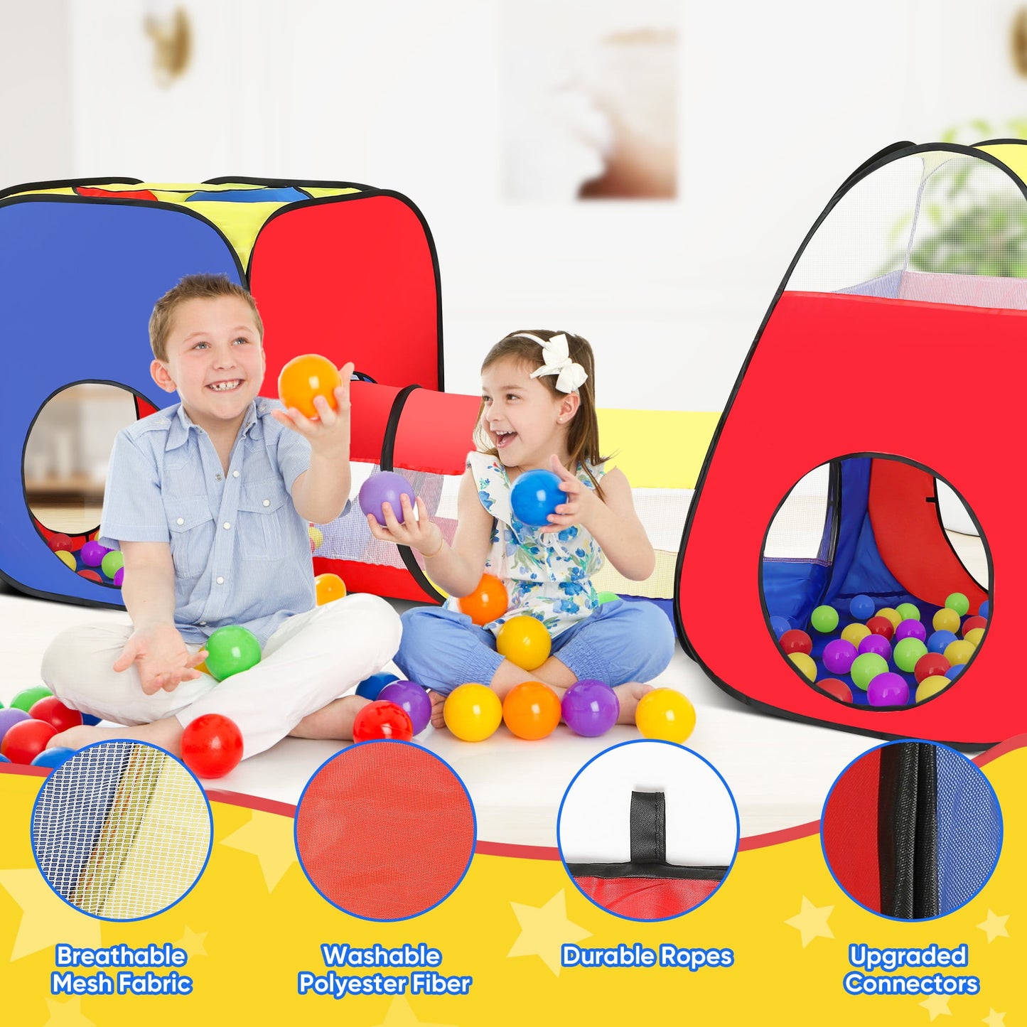 Funbty 3 in 1 Kids Play Tent and Tunnels - Ball Pit+Crawl Tunnel+Castle Tent Playhouse Tent Set for Boys Girls Kids(No Ball)