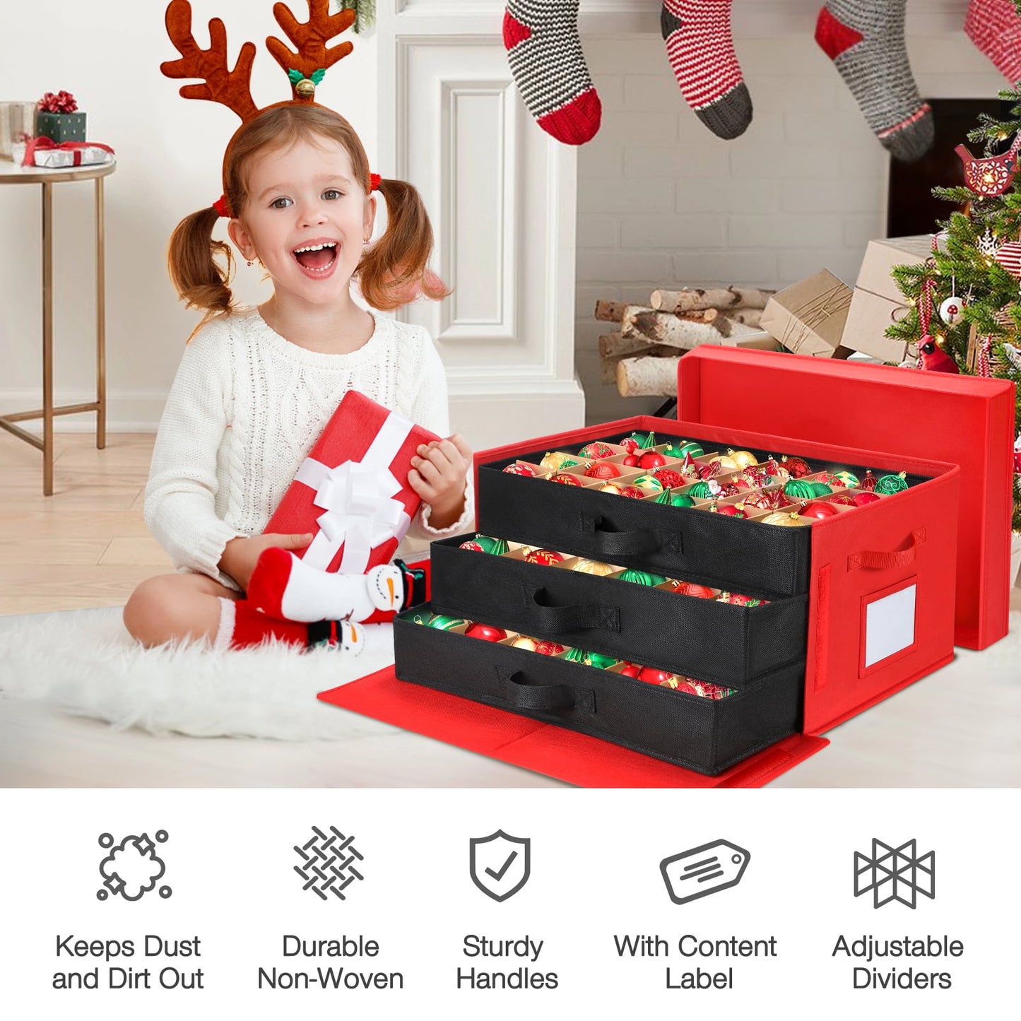 Funbty Premium Large Christmas Ornament Storage Box, Christmas Ornament Organizer, with Side Open, 3 Removable Trays - Keeps 72 Holiday Ornaments, Red