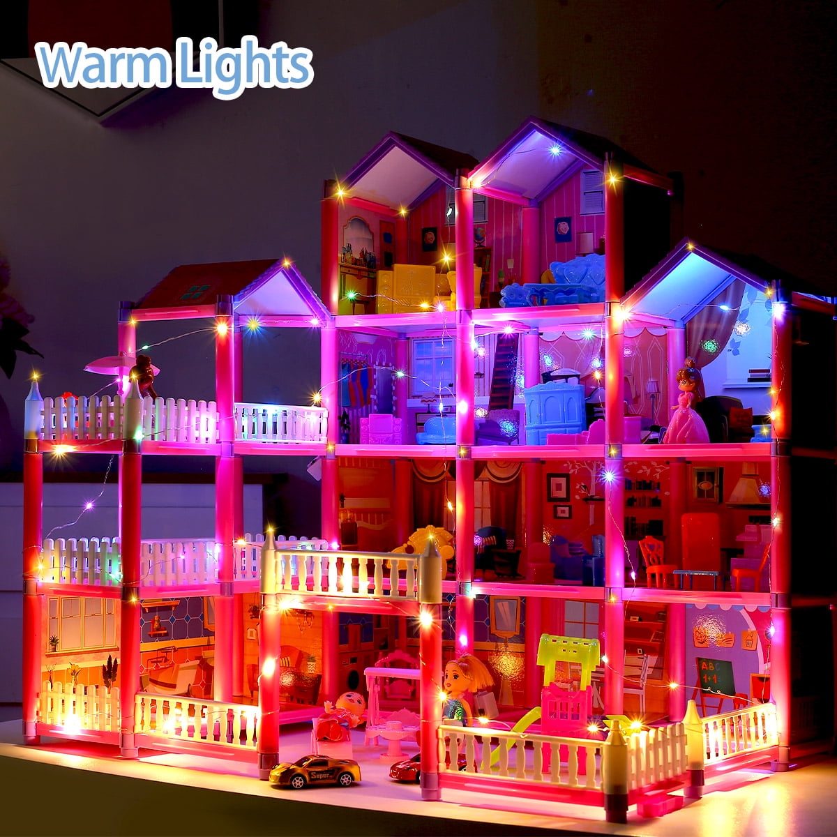Funbty Dollhouse with Colorful Light, Furniture Sets with 4 Dolls, Creative Gift for 3-12 Year Girls, Pink