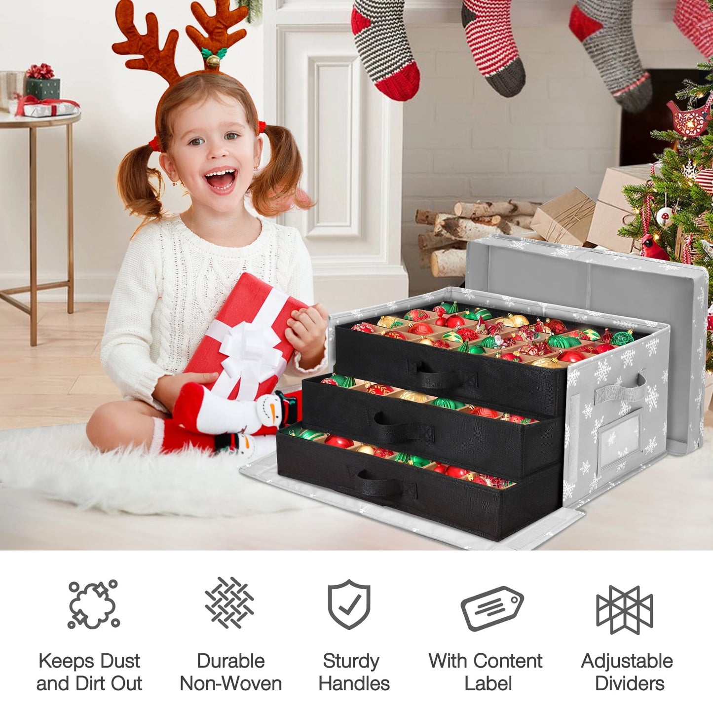 Funbty Premium Large Christmas Ornament Storage Box, Christmas Ornament Organizer, with Side Open, 3 Removable Trays - Keeps 72 Holiday Ornaments, Grey with Snowflake