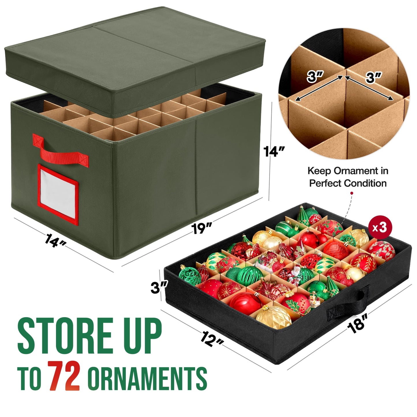 Funbty Premium Large Christmas Ornament Storage Box, Christmas Ornament Organizer, with Side Open, 3 Removable Trays -Keeps 72 Holiday Ornaments, Green