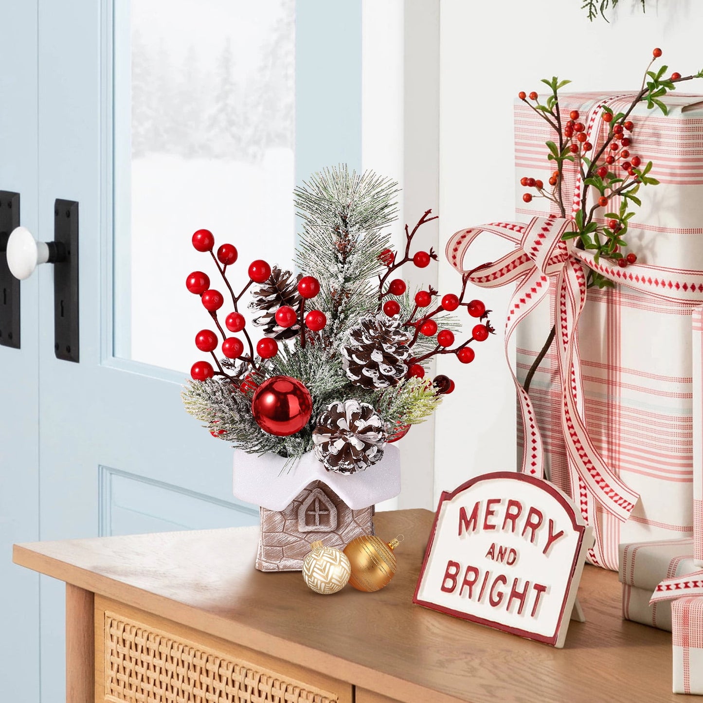 Funbty Artificial Mini Tabletop Christmas Tree Decorations with Christmas Ornaments, Small Christmas Tree for Home Party Thankgivings Christmas Decor Indoor, Red