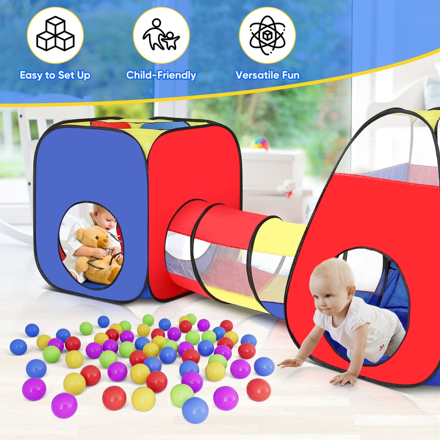 Funbty 3 in 1 Kids Play Tent and Tunnels - Ball Pit+Crawl Tunnel+Castle Tent Playhouse Tent Set for Boys Girls Kids(No Ball)