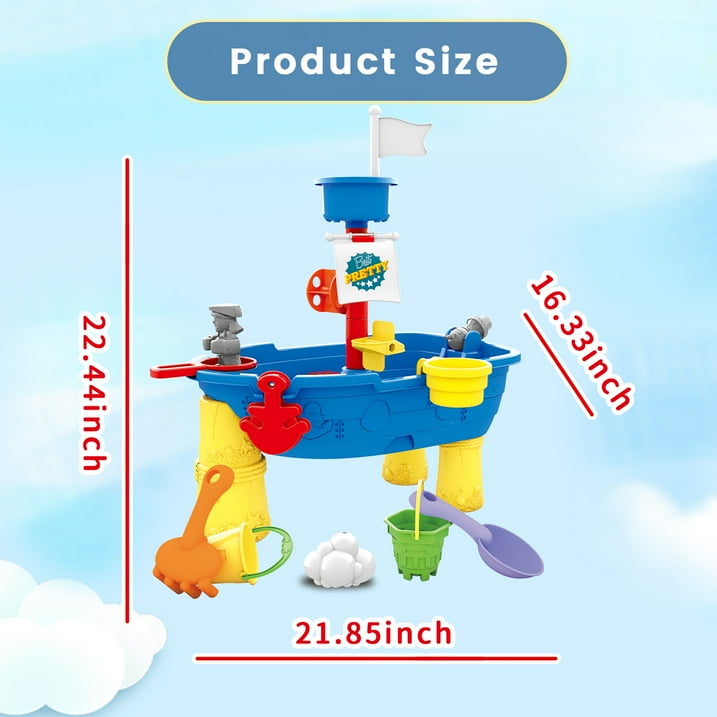Funbty Kids Sand Water Pirate Ship Table, 21PCS Sensory Sandbox Play Table, 21.85"x16.33"x22.44", Outdoor Toy Gift for Toddlers