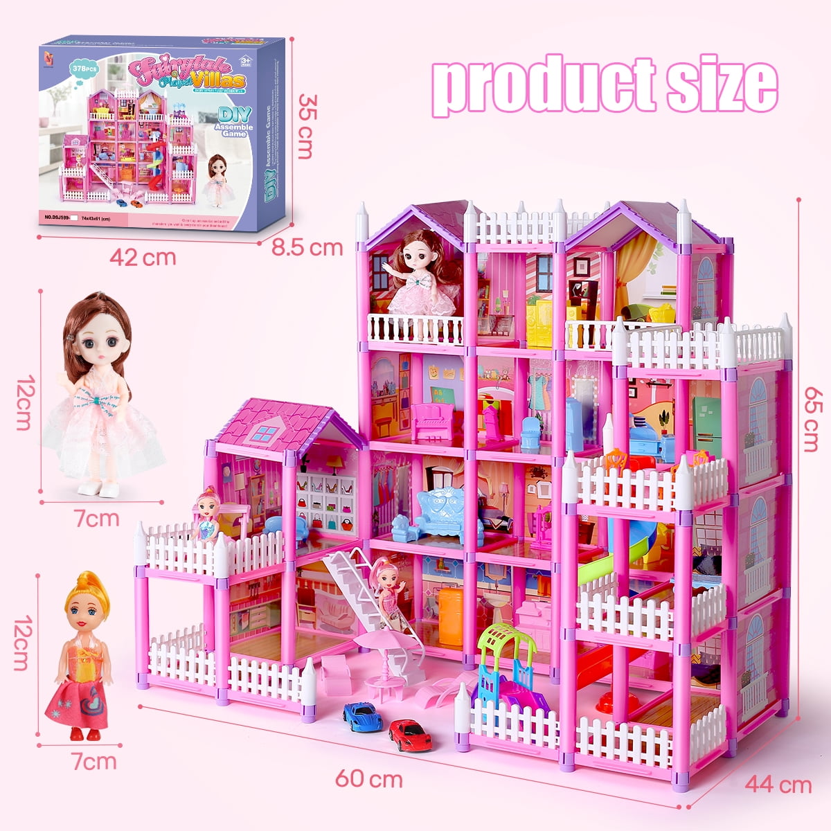 Funbty  DollHouse with Colorful Light, Pretend Play Toddler Doll House Furniture Sets with 3 Dolls, 20 Rooms DIY house, Creative Gift for Girls, Pink