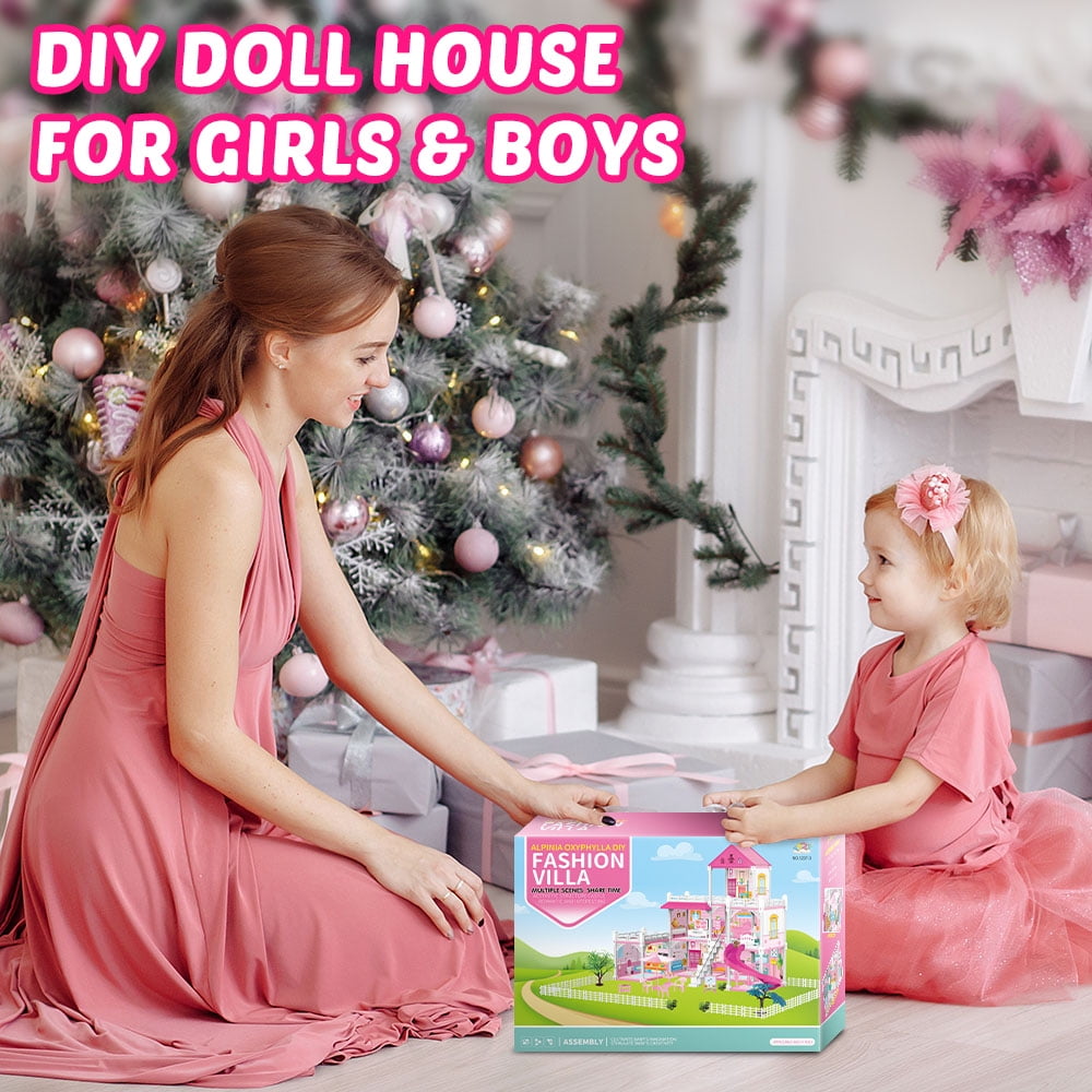 Funbty  DollHouse with Colorful Light and 8 Rooms for Girl, Huge Doll House DIY Pretend Toy, Princess House for Kids Gifts Ages 4-8
