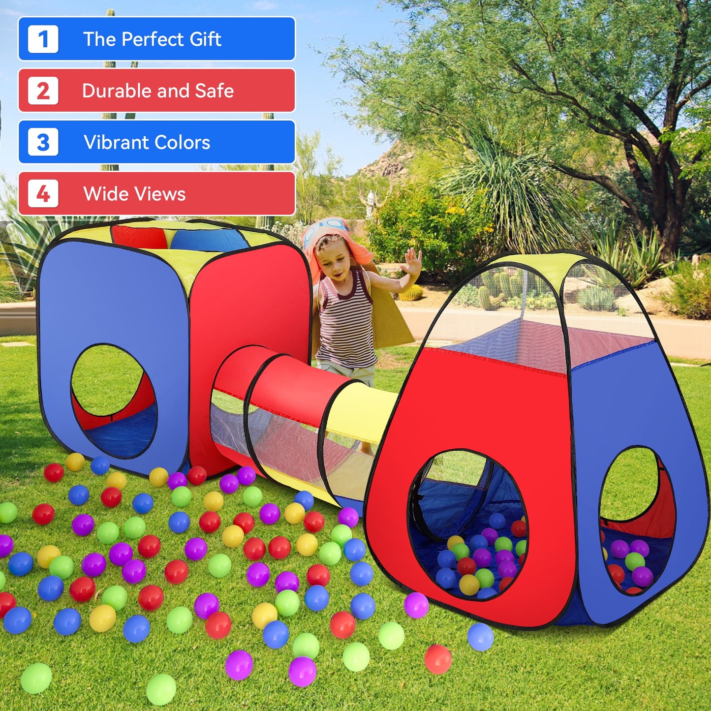 Funbty 3 in 1 Kids Play Tent and Tunnels - Ball Pit+Crawl Tunnel+Castle Tent Playhouse Tent Set for Boys Girls Kids(No Ball)