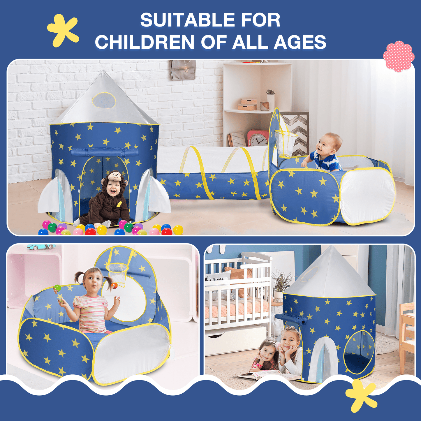 Funbty Kids Play Tent, 3 in 1 Play Tents Tunnel Set with Ball Pit and Storage Bag, Indoor Outdoor Toy Tent for Toddlers Kids Toy Gifts, Blue (No Ball)