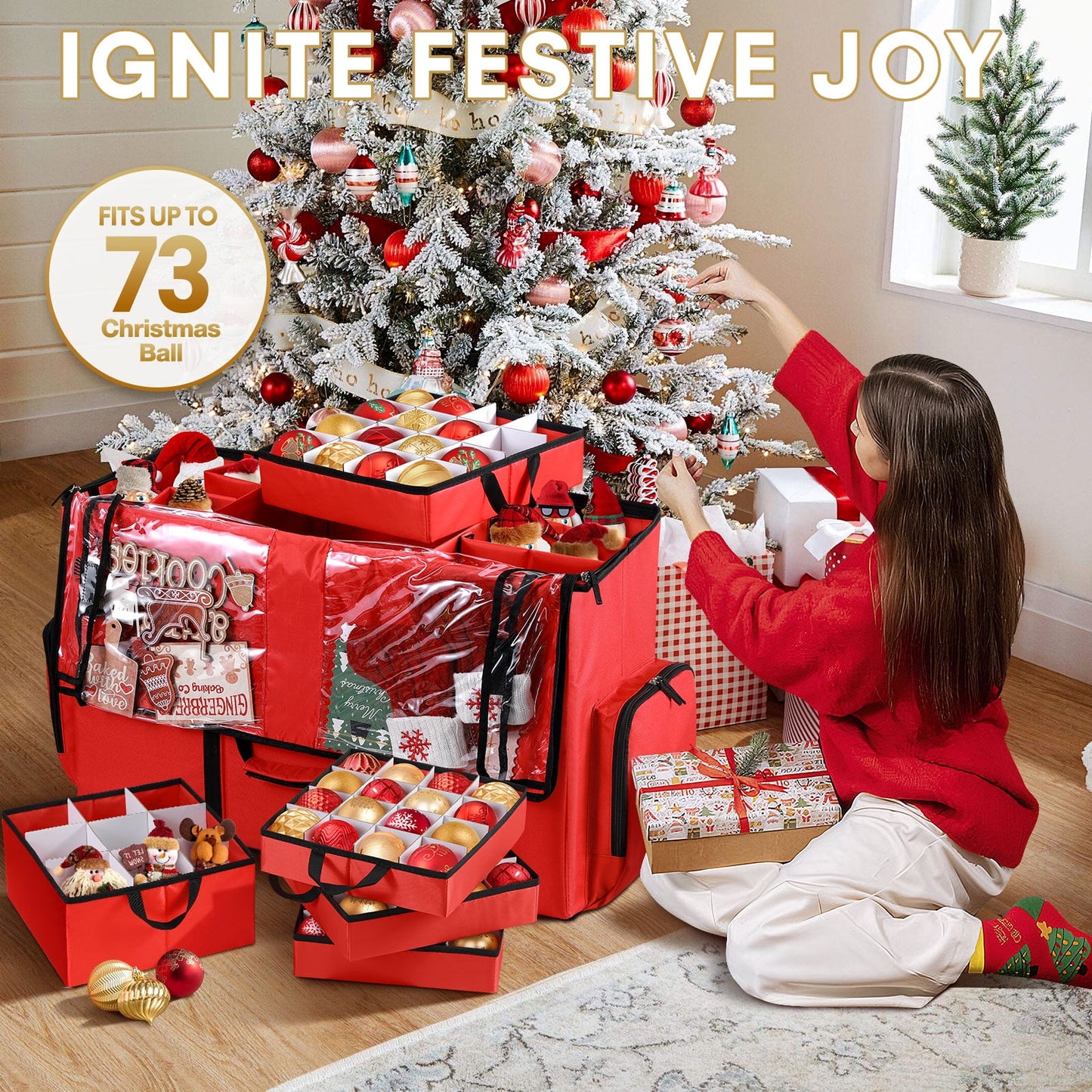 Funbty Premium Christmas Ornament Storage Container with Dividers, Fits Up to 73 Ornaments, 600D Tear Red