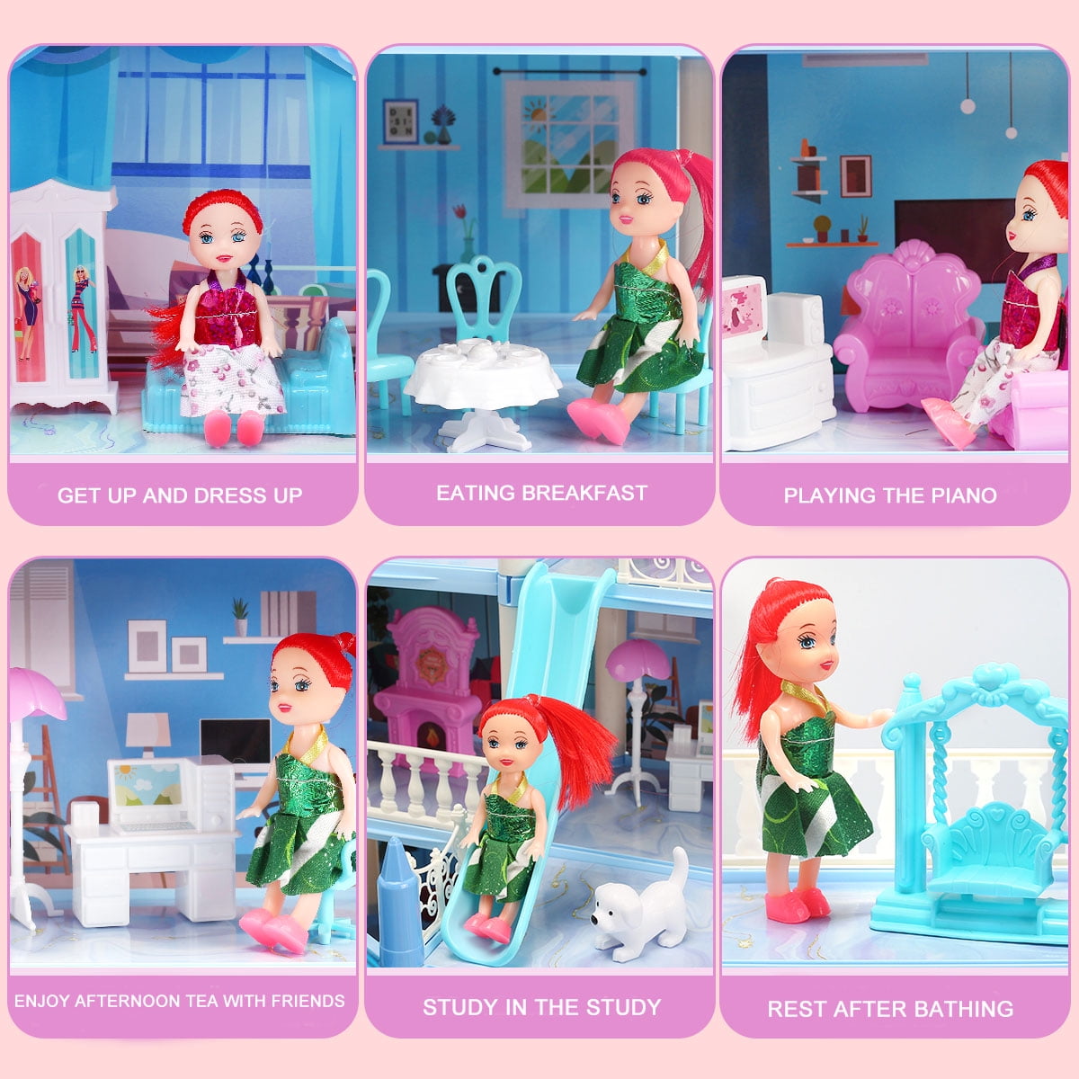 Funbty Dollhouse with Colorful Light, Pretend Play 14 Rooms DIY Playhouse, Kids Doll House with 2 Dolls, Creative Gift for Girls, Blue