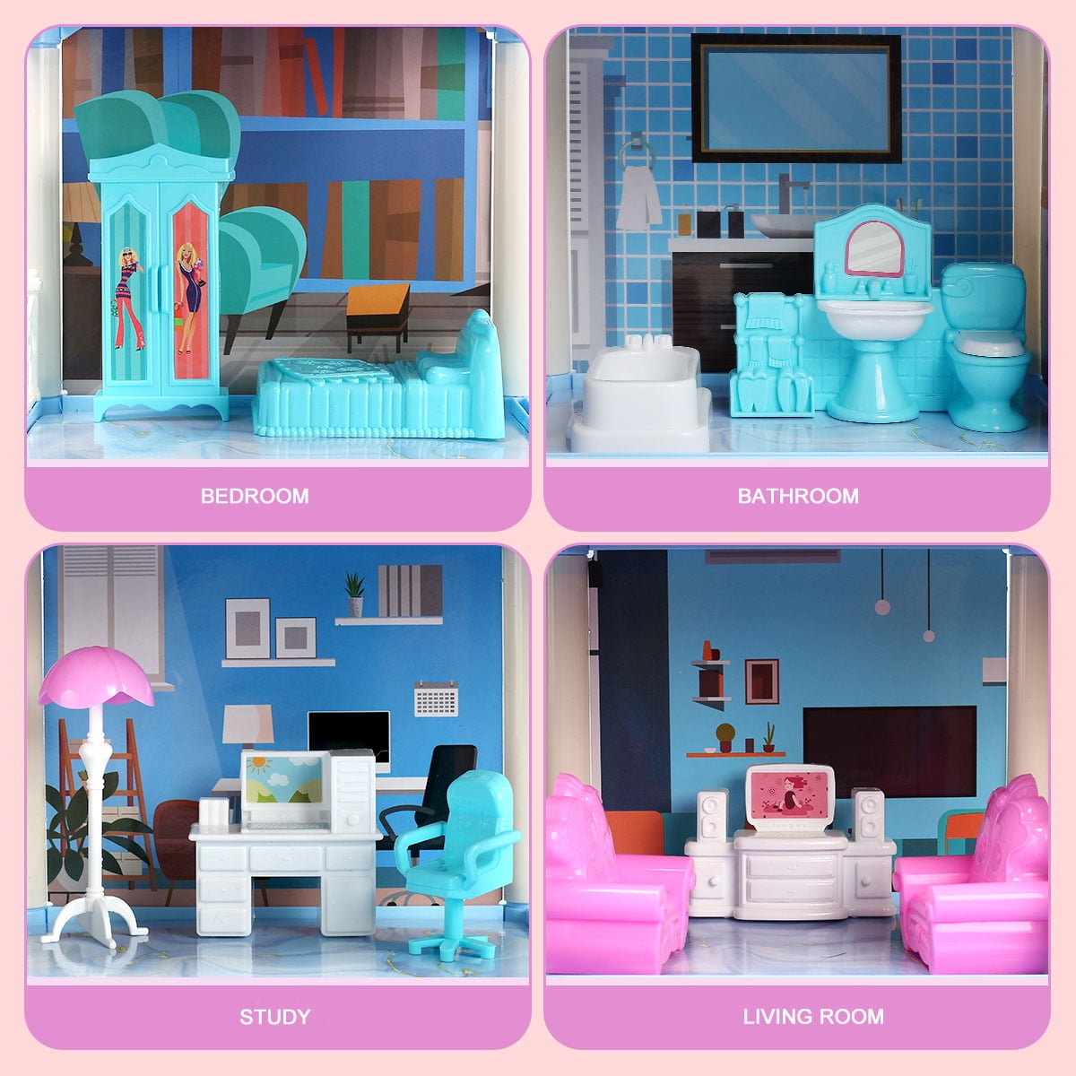 Funbty Dollhouse with Colorful Light, Pretend Play 14 Rooms DIY Playhouse, Kids Doll House with 2 Dolls, Creative Gift for Girls, Blue