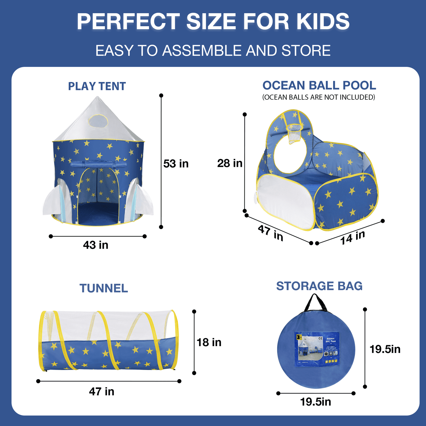 Funbty Kids Play Tent, 3 in 1 Play Tents Tunnel Set with Ball Pit and Storage Bag, Indoor Outdoor Toy Tent for Toddlers Kids Toy Gifts, Blue (No Ball)