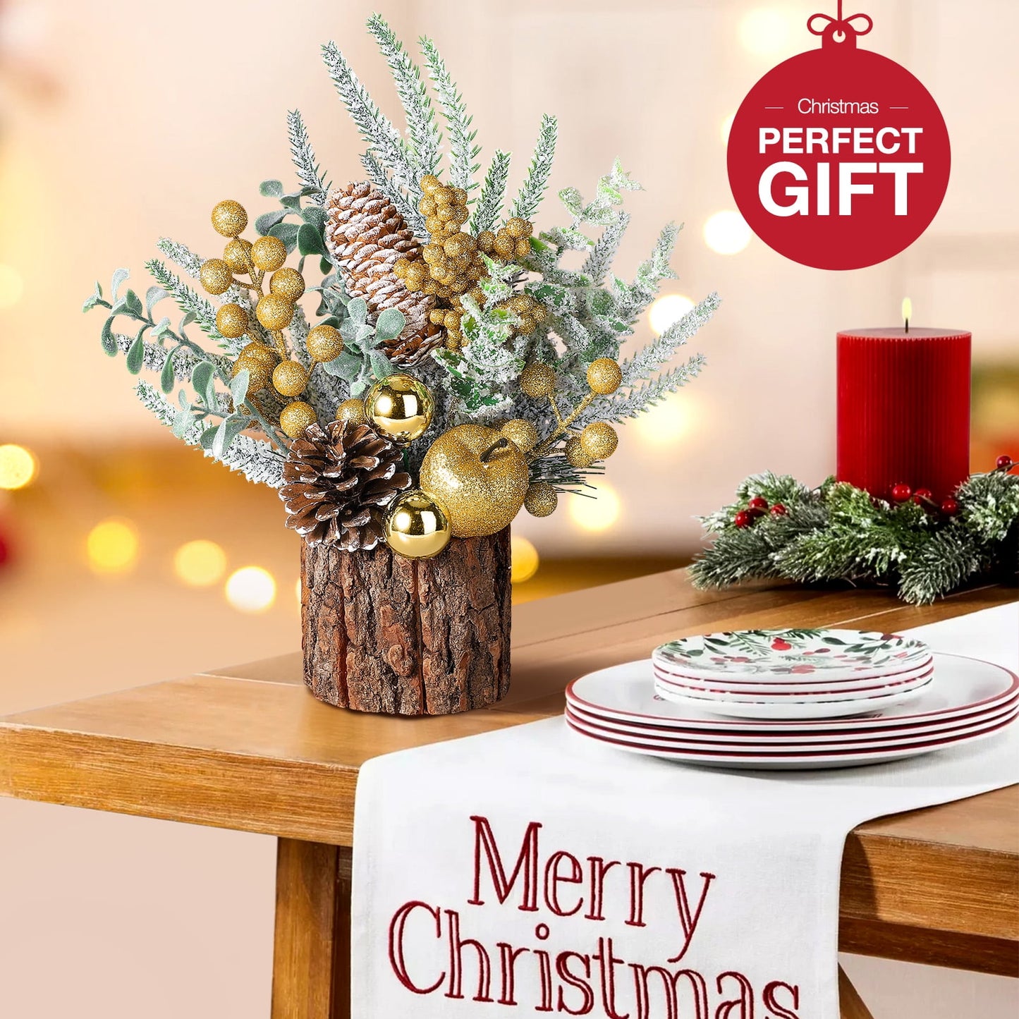 Funbty Small Christmas Tree, Artificial Mini Tabletop Christmas Tree Decorations with Christmas Ornaments, for Xmas Party Thankgivings Christmas Decor(Gold)