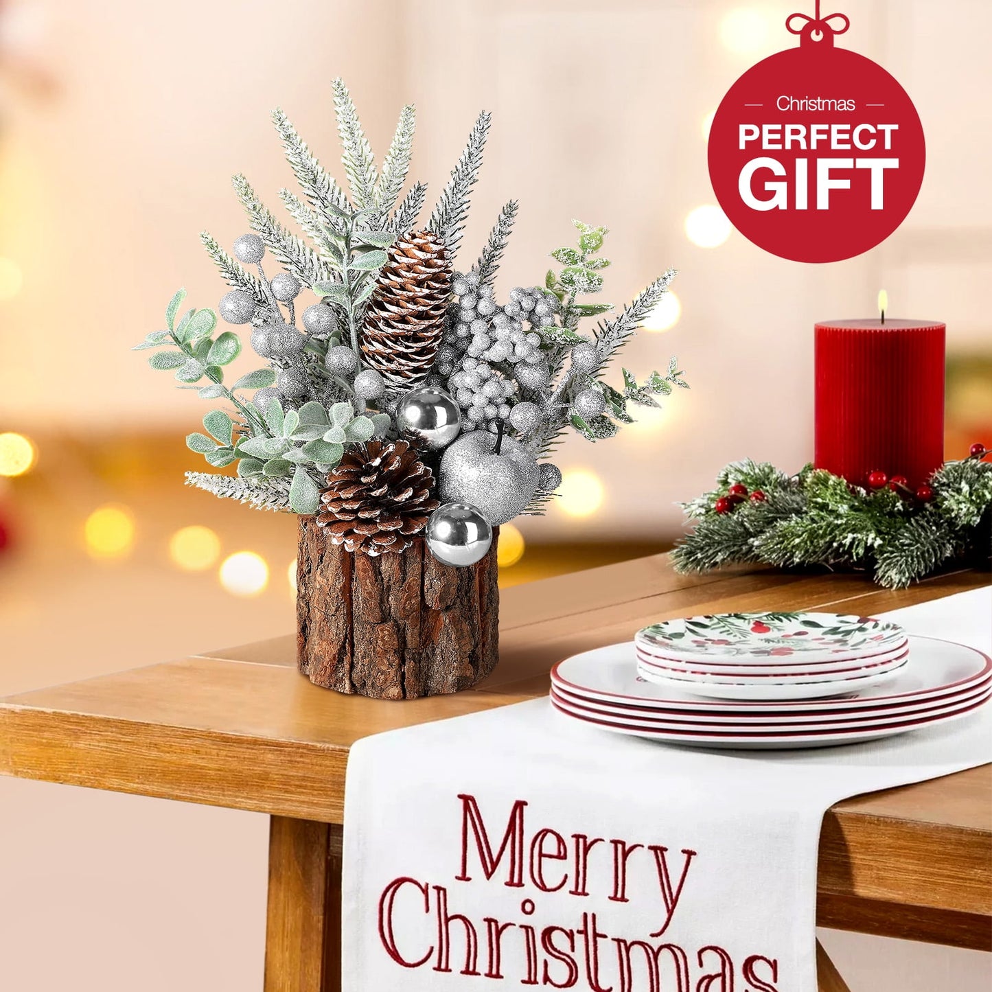 Funbty Small Christmas Tree, Artificial Mini Tabletop Christmas Tree Decorations with Christmas Ornaments, for Xmas Party Thankgivings Christmas Decor (Silver)