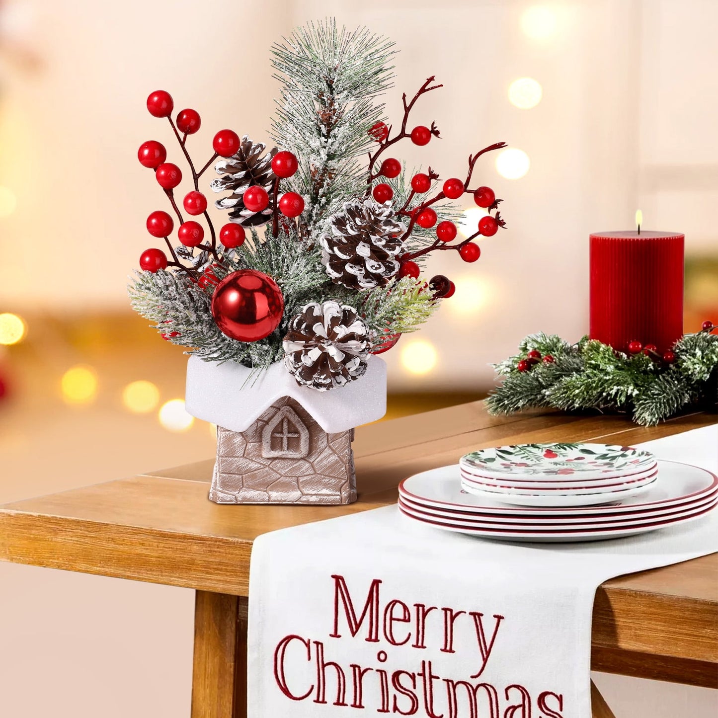 Funbty Artificial Mini Tabletop Christmas Tree Decorations with Christmas Ornaments, Small Christmas Tree for Home Party Thankgivings Christmas Decor Indoor, Red