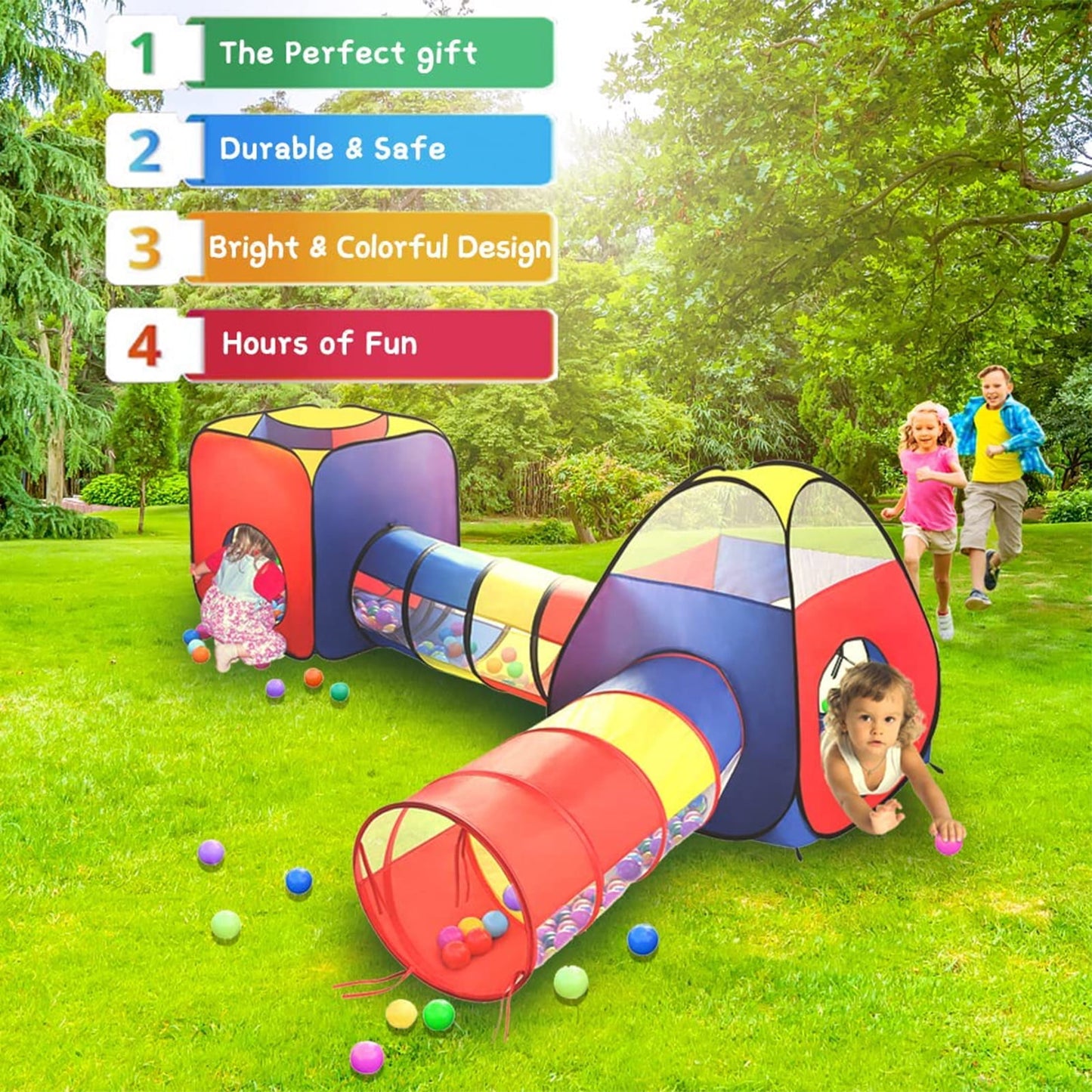 Funbty 4 in 1 Kids Play Tent and Tunnels, Foldable Indoor Outdoor Pop Up Ball Pit, 2 Tents + 2 Crawl Tunnels Playhouse Tent Set for Boys Girls Kids(No Ball)