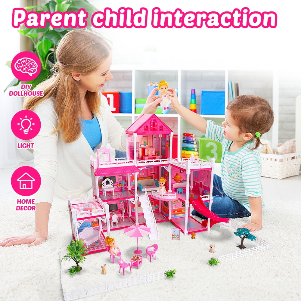 Funbty  DollHouse with Colorful Light and 8 Rooms for Girl, Huge Doll House DIY Pretend Toy, Princess House for Kids Gifts Ages 4-8
