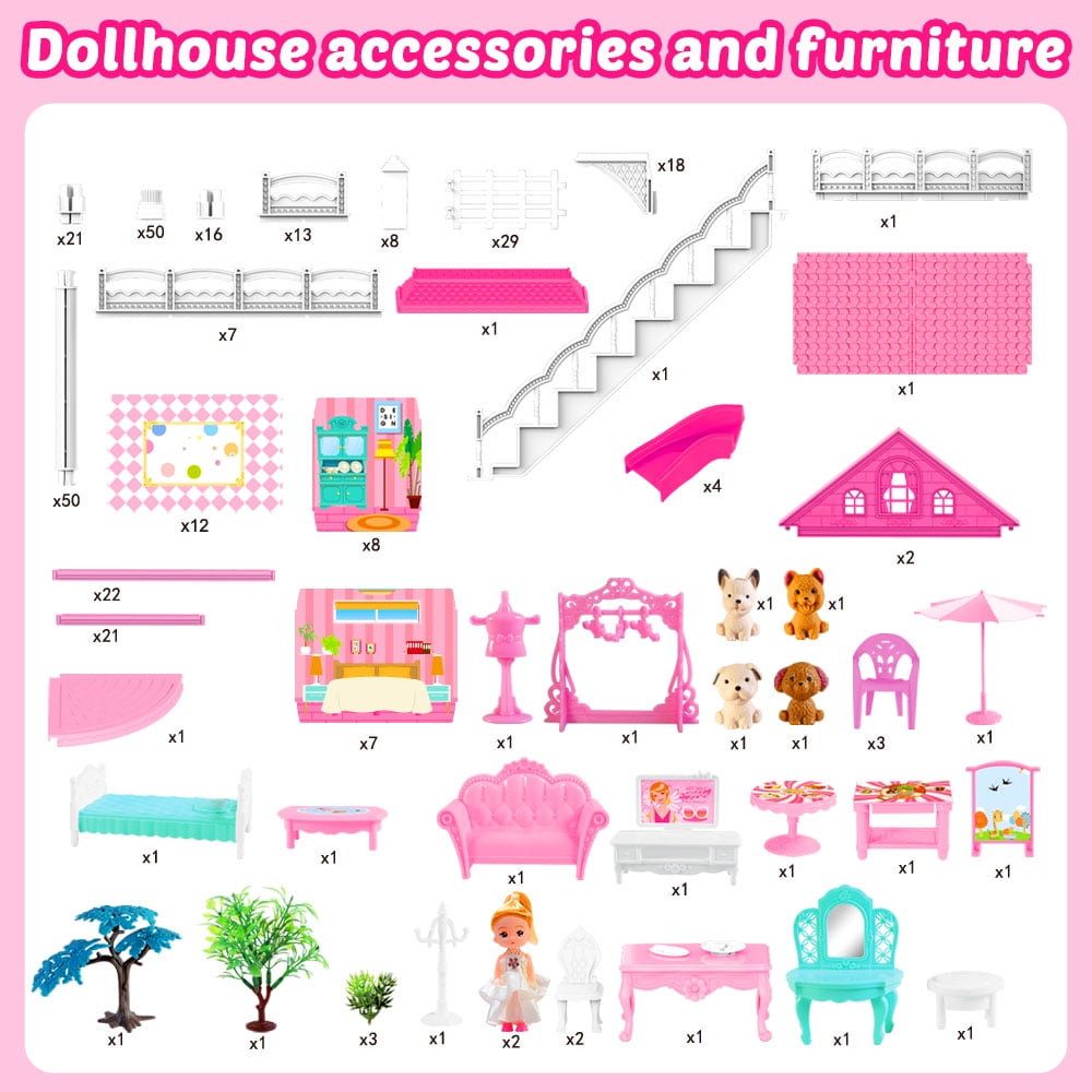 Funbty  DollHouse with Colorful Light and 8 Rooms for Girl, Huge Doll House DIY Pretend Toy, Princess House for Kids Gifts Ages 4-8