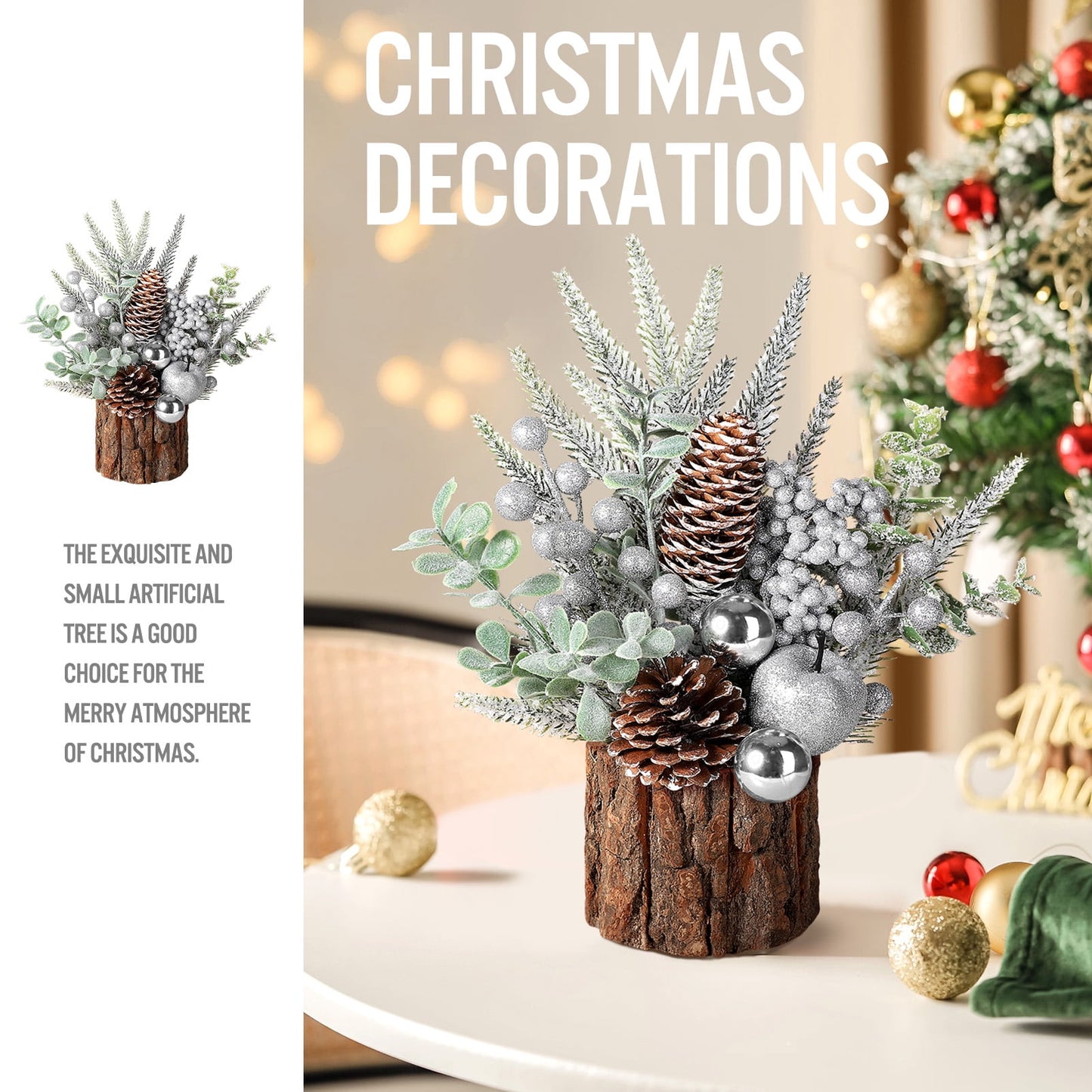 Funbty Small Christmas Tree, Artificial Mini Tabletop Christmas Tree Decorations with Christmas Ornaments, for Xmas Party Thankgivings Christmas Decor (Silver)